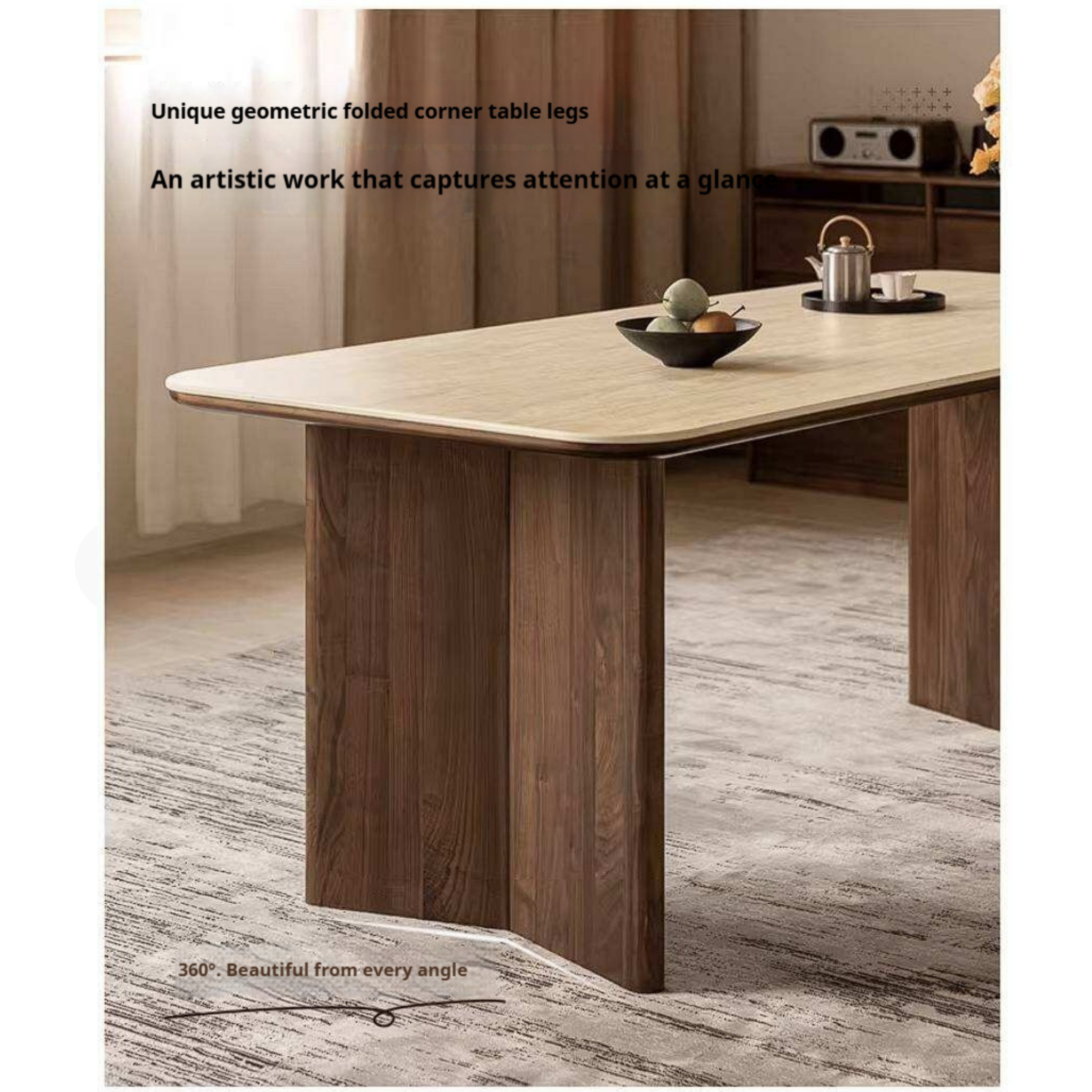 Black Walnut Solid Wood Trestle Dining Table with Stone Top and Panel Legs