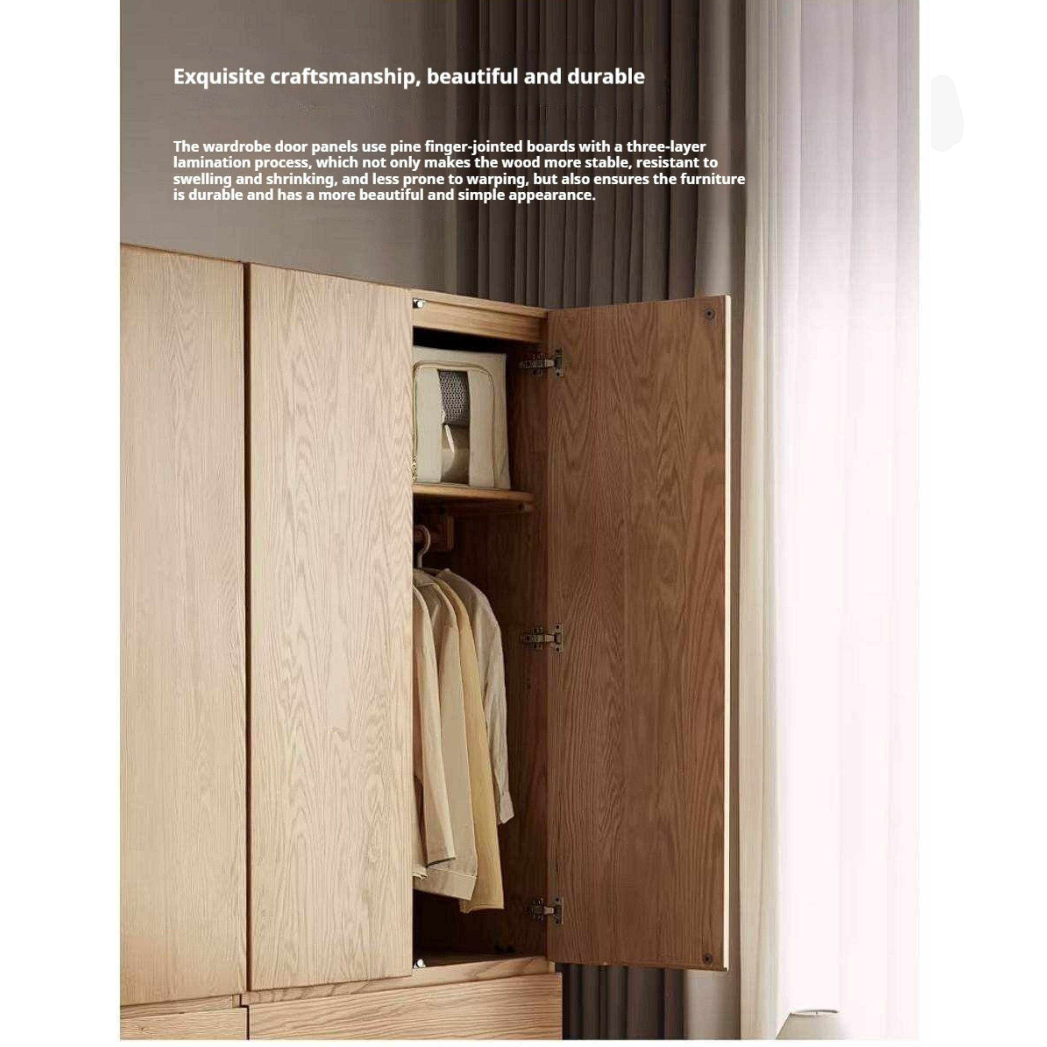 Oak Solid Wood Double Door Wardrobe with pull-out storage drawers Design