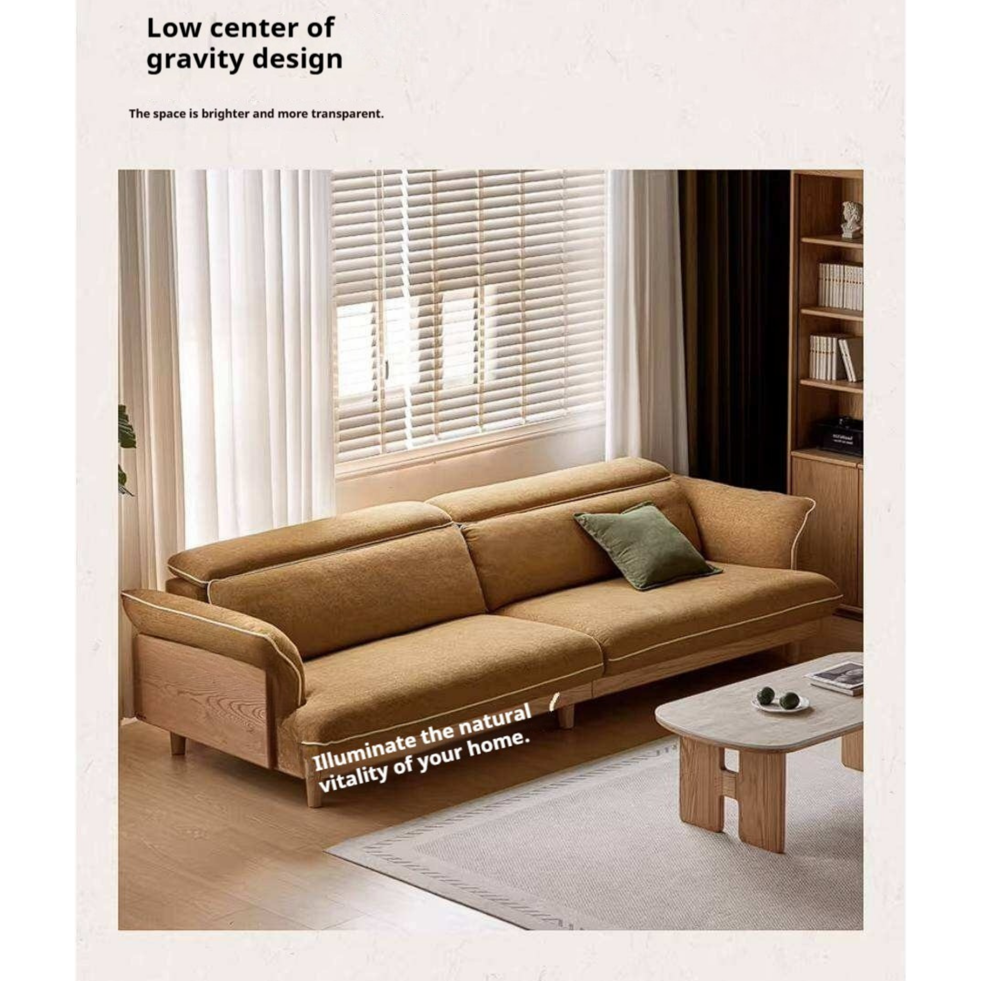 Oak Solid Wood High Back Chenille Sofa with Curved Arms