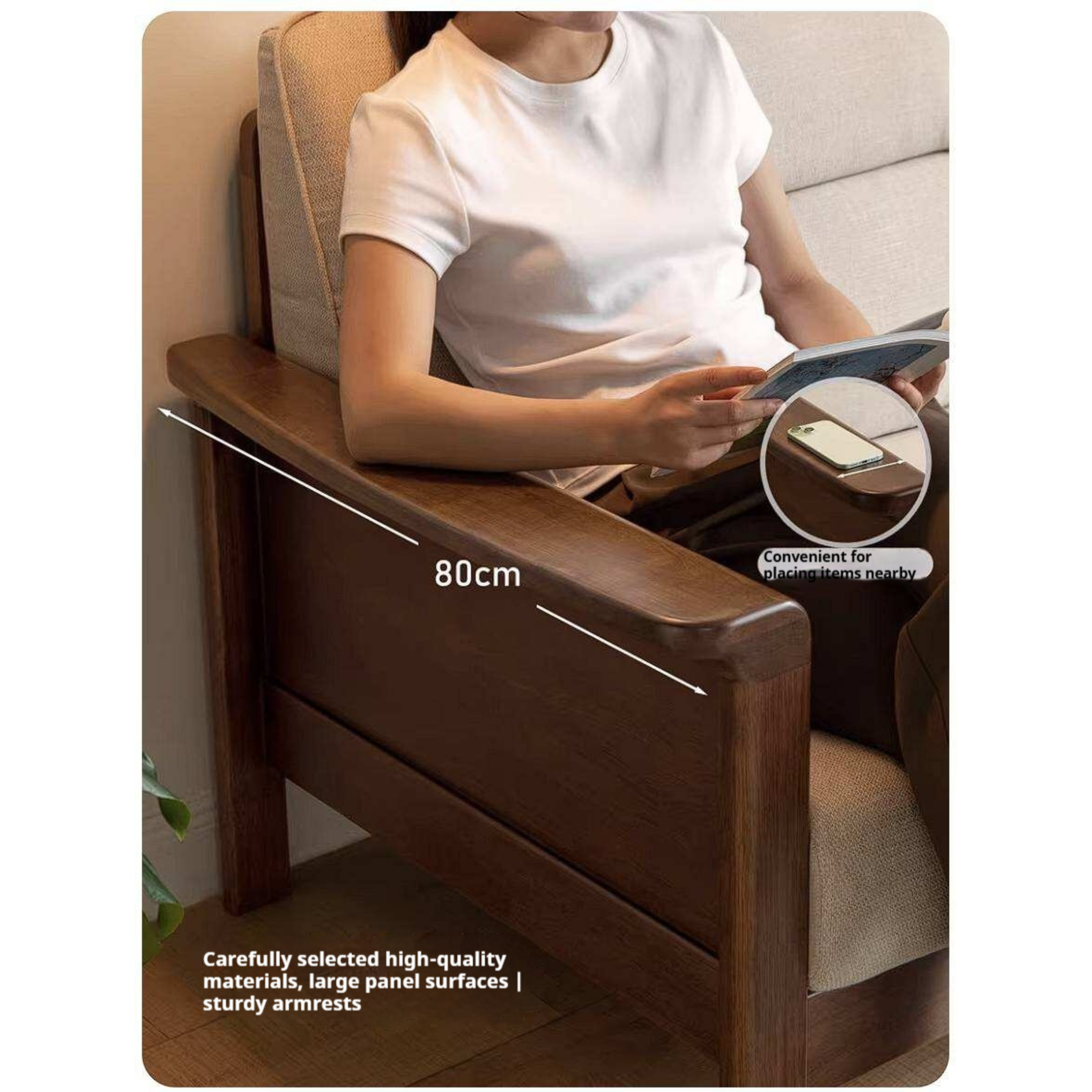 Golden Sandalwood Solid Wood Sofa with Soft Fabric Cushions