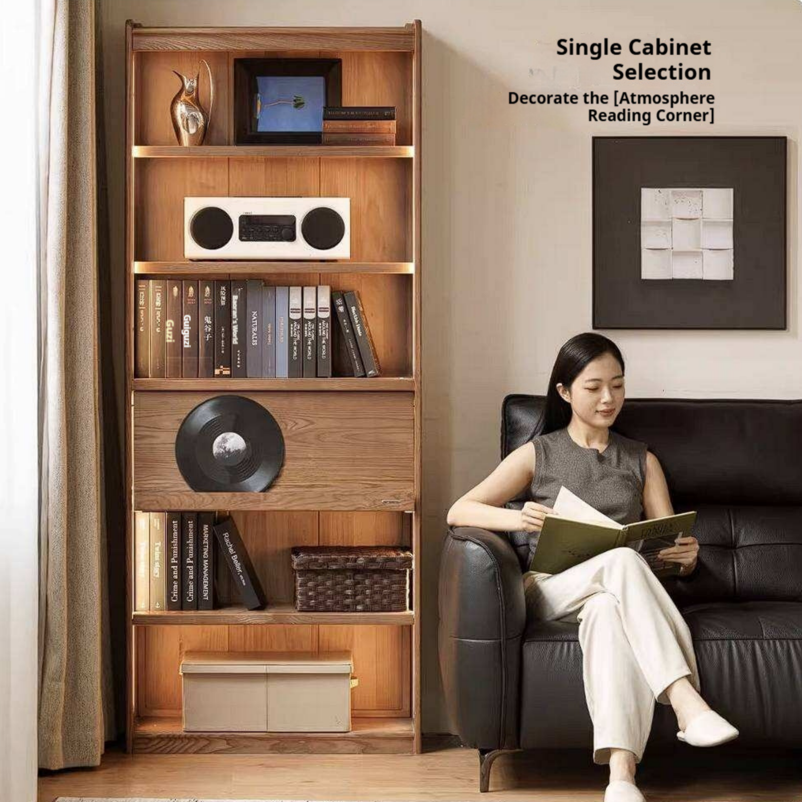 Ash Solid Wood Bookcase with Wall-Mounted Display and Storage Cabinet