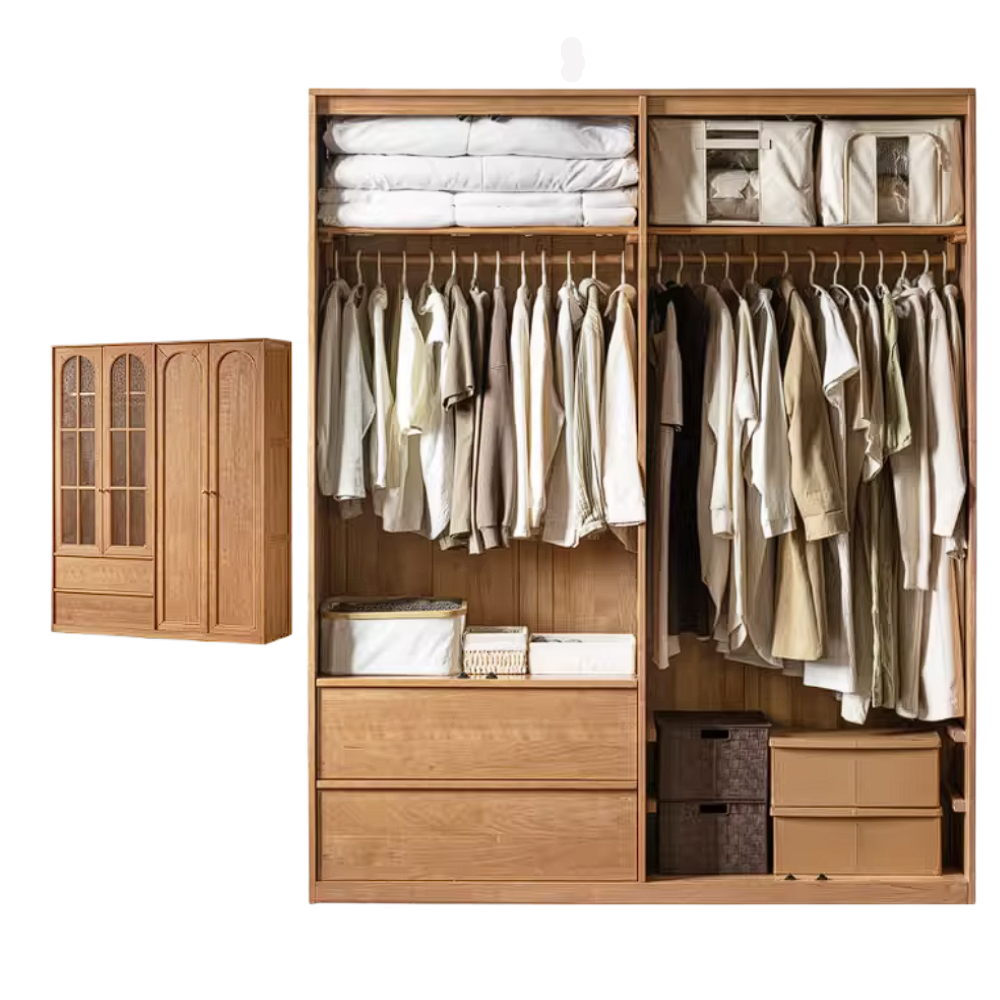 Cherry Solid Wood Wardrobe with French Retro Style Double Door Design