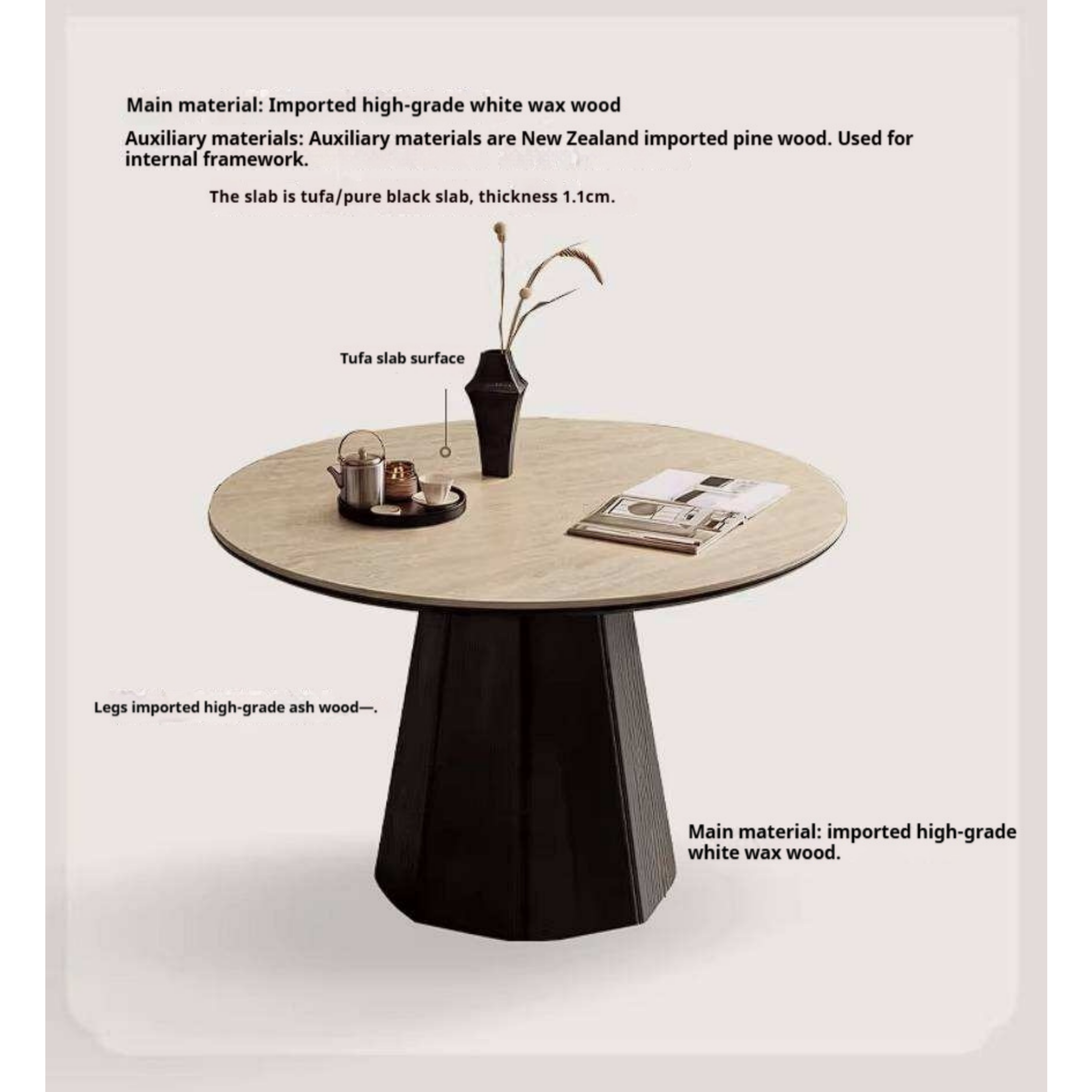 Ash Solid Wood Dining Table with Slate Top, Mid Century Round Design