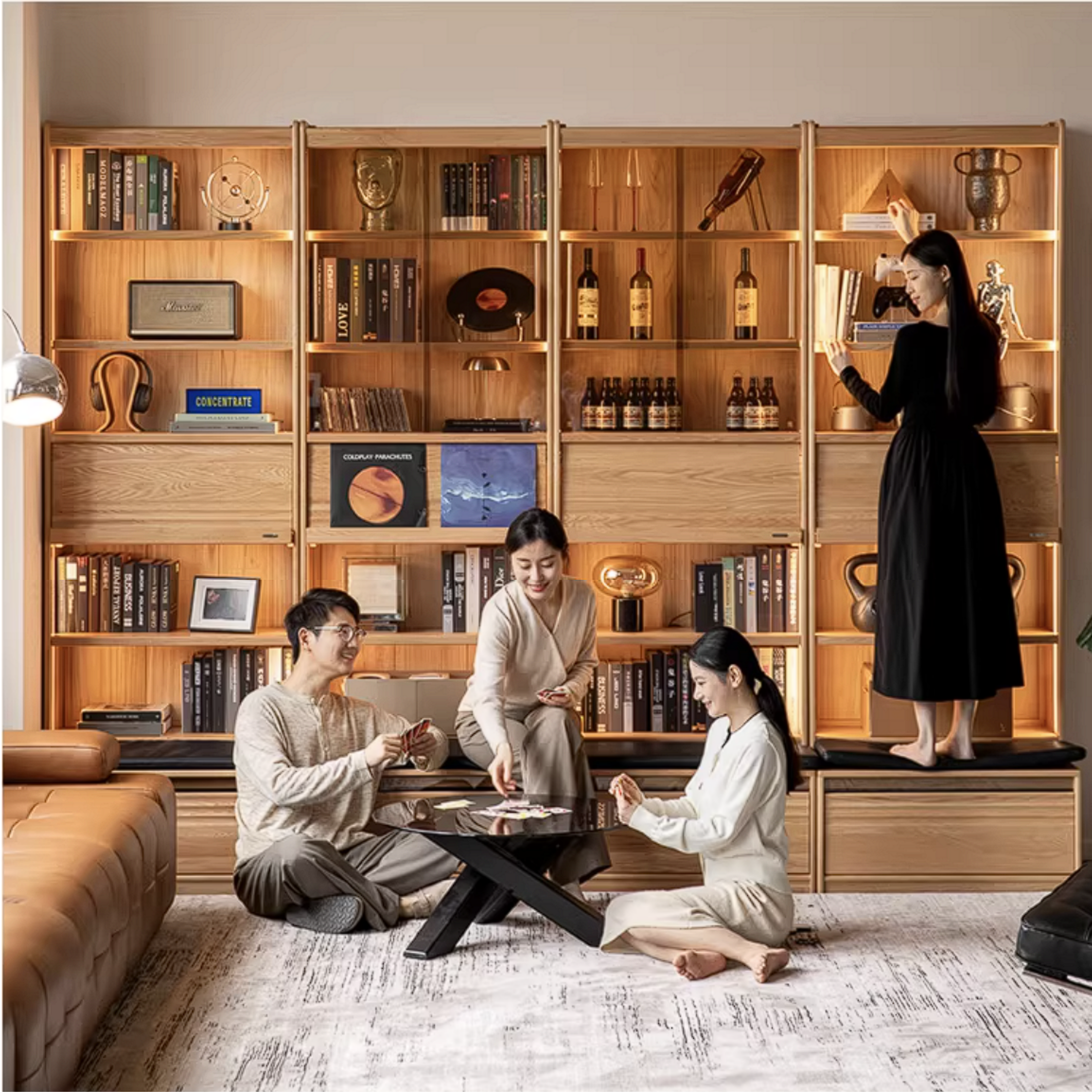 Oak Solid Wood Bookshelf with Integrated Booth Seating