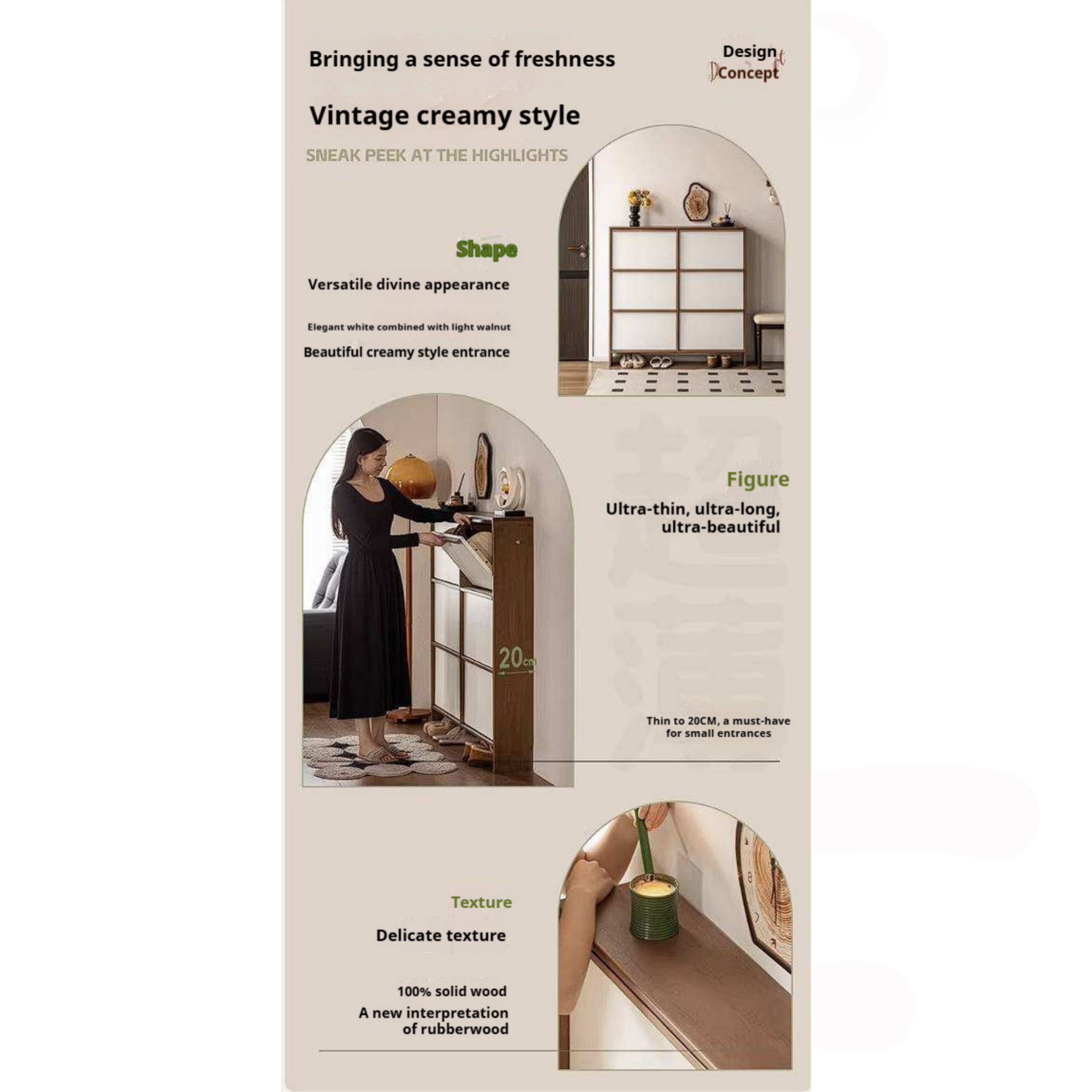 Rubberwood Solid Wood Flip Door Shoe Cabinet, Mid Century Slim Wall Mounted Entryway Storage Organizer