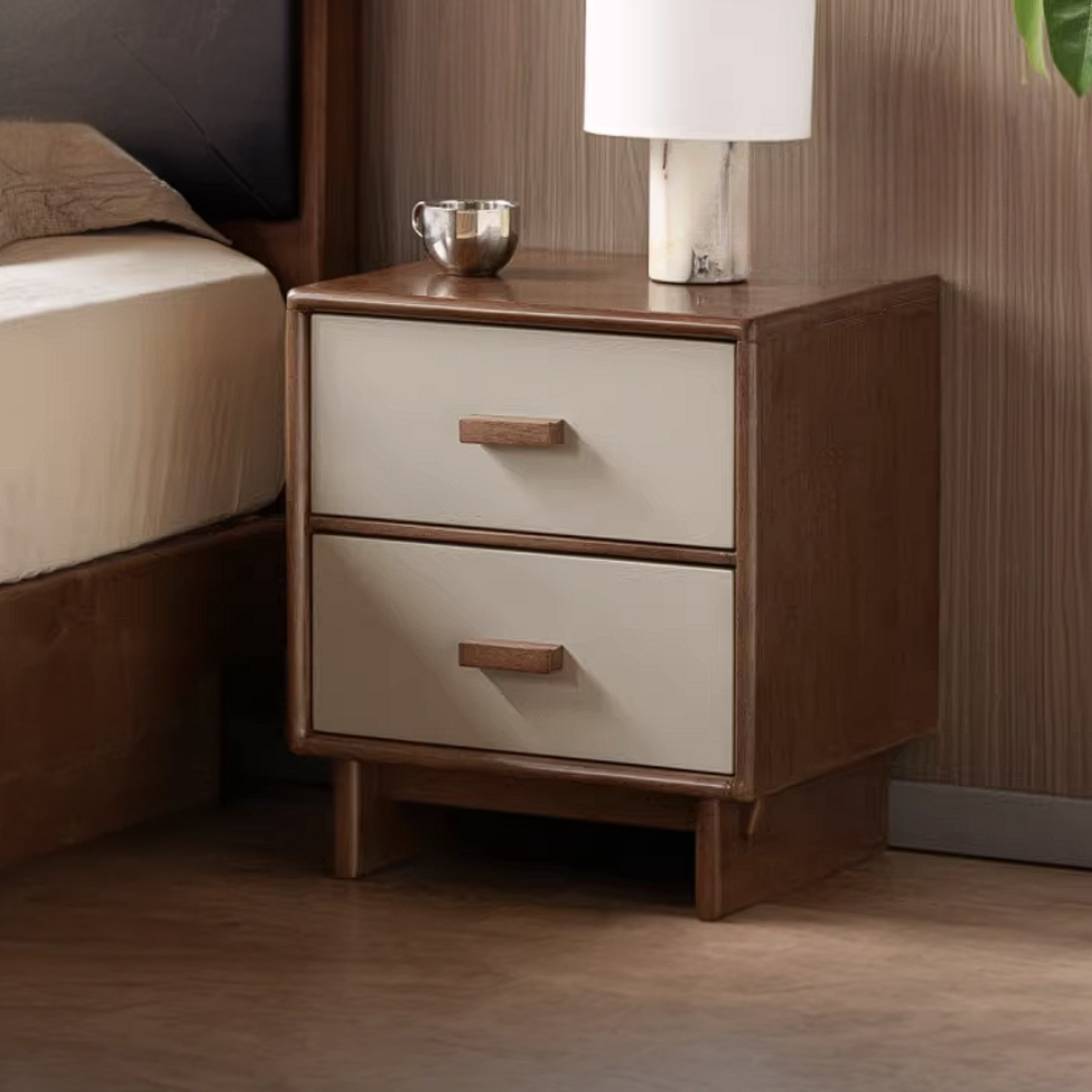 Rubberwood Solid Wood Two-Tone Nightstand with Cream Drawer Fronts and Tapered Legs