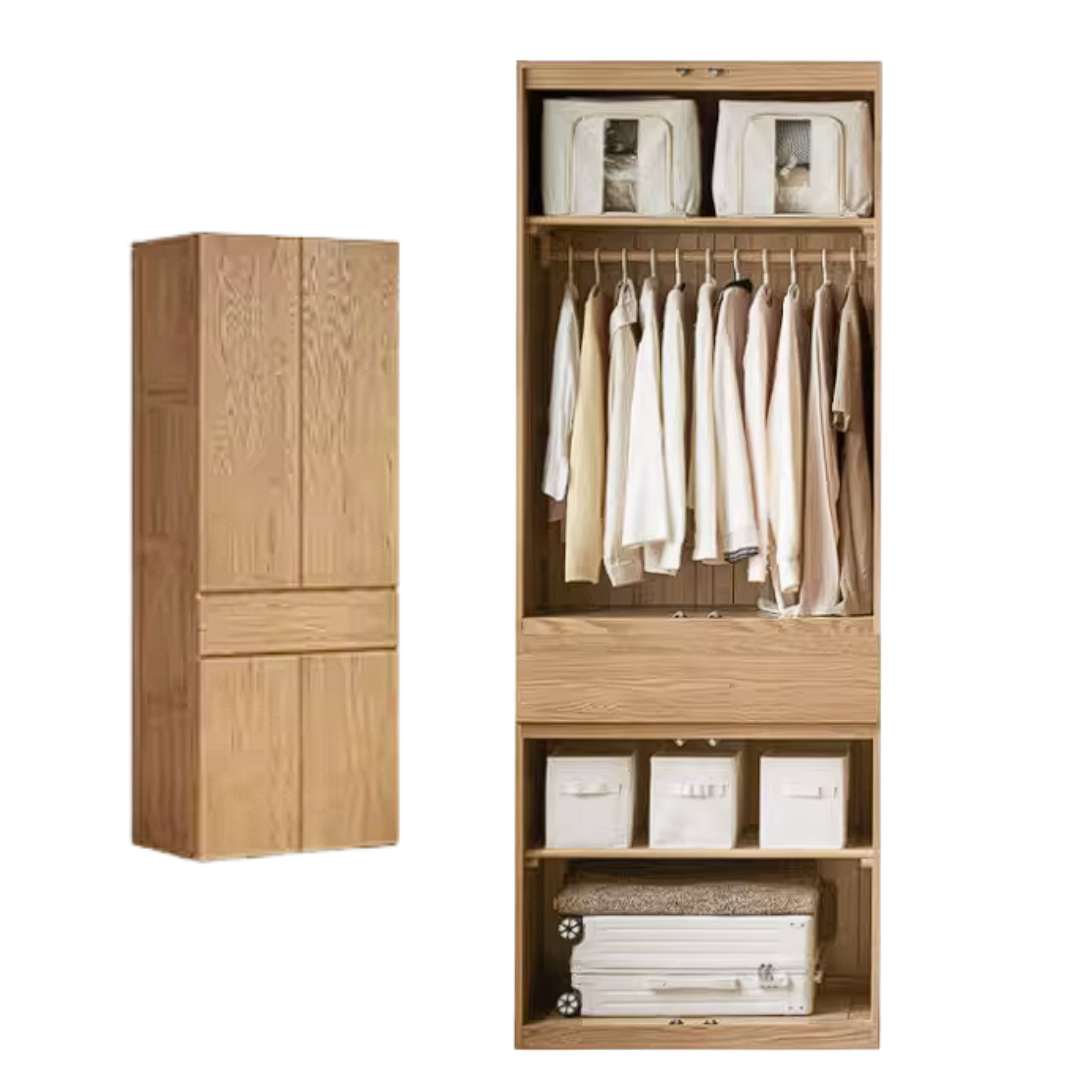 Oak Solid Wood Double Door Wardrobe with pull-out storage drawers Design