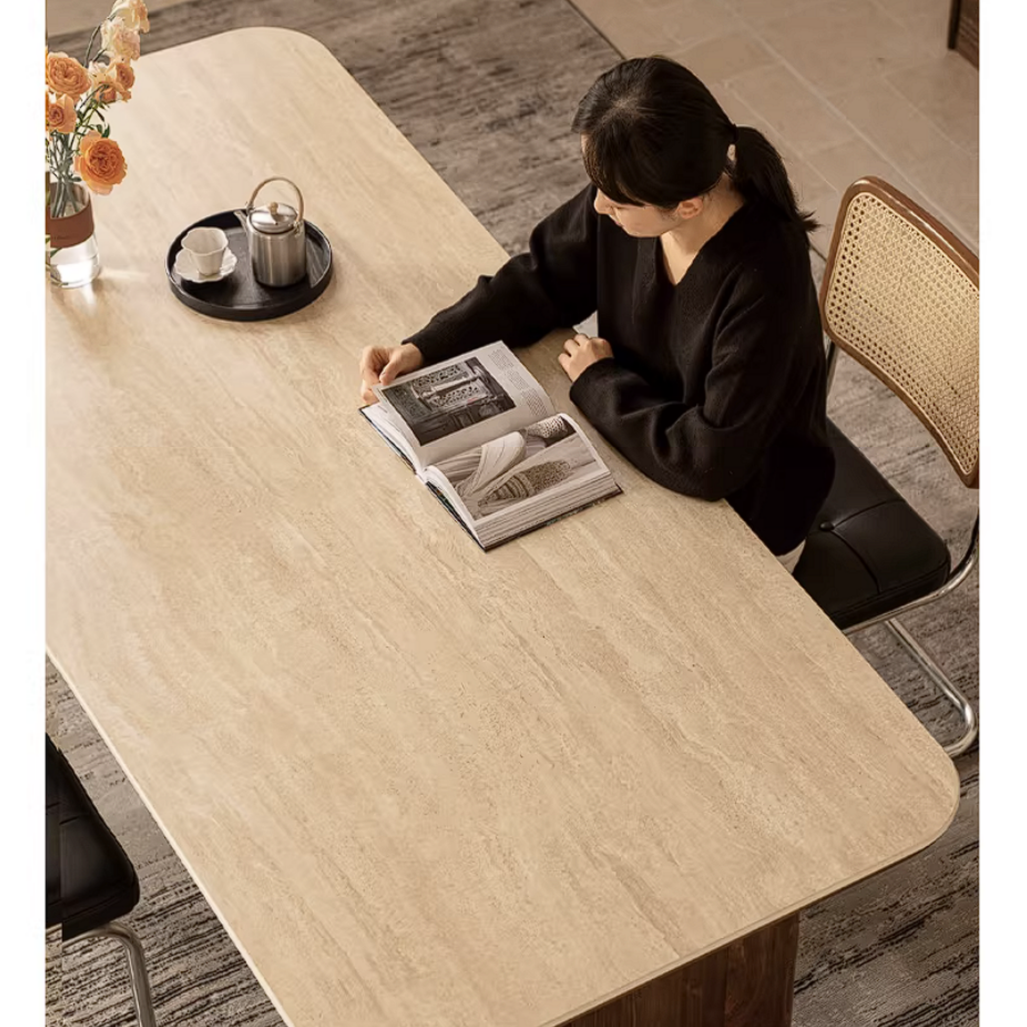 Black Walnut Solid Wood Trestle Dining Table with Stone Top and Panel Legs