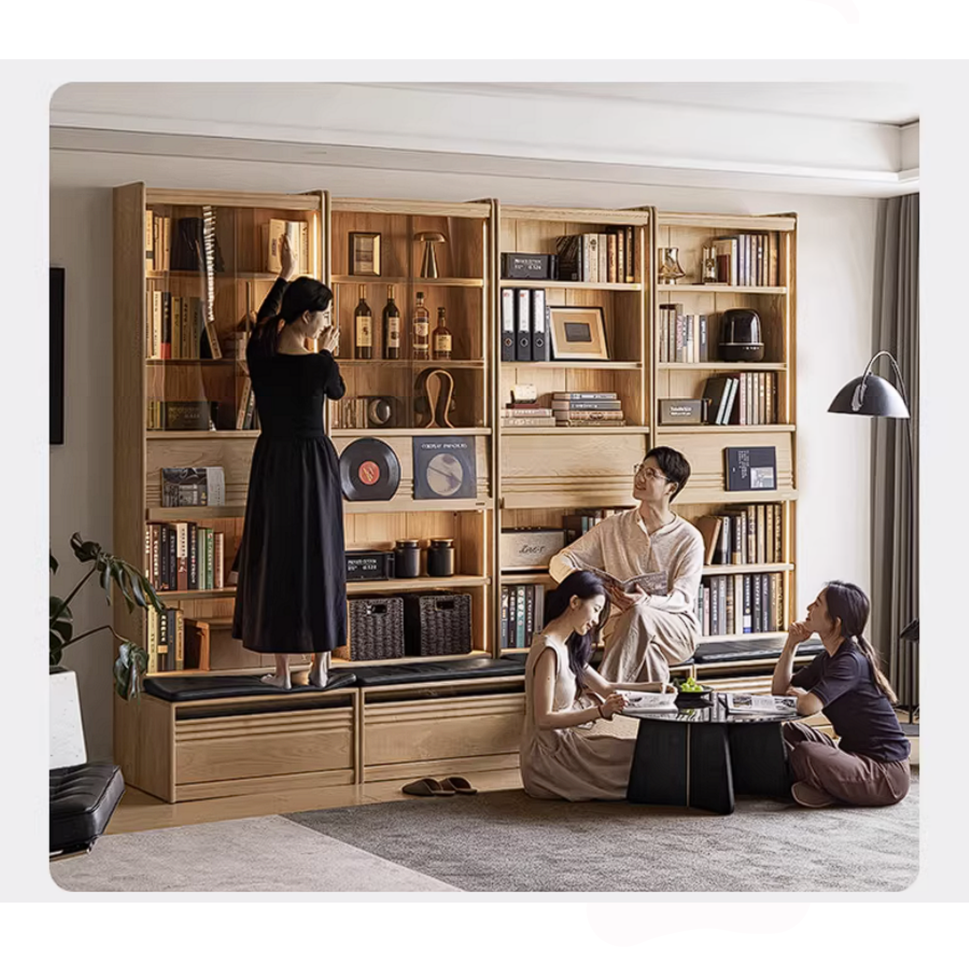 Ash Solid Wood Bookshelf with Wall Mounted Display Cabinet Design