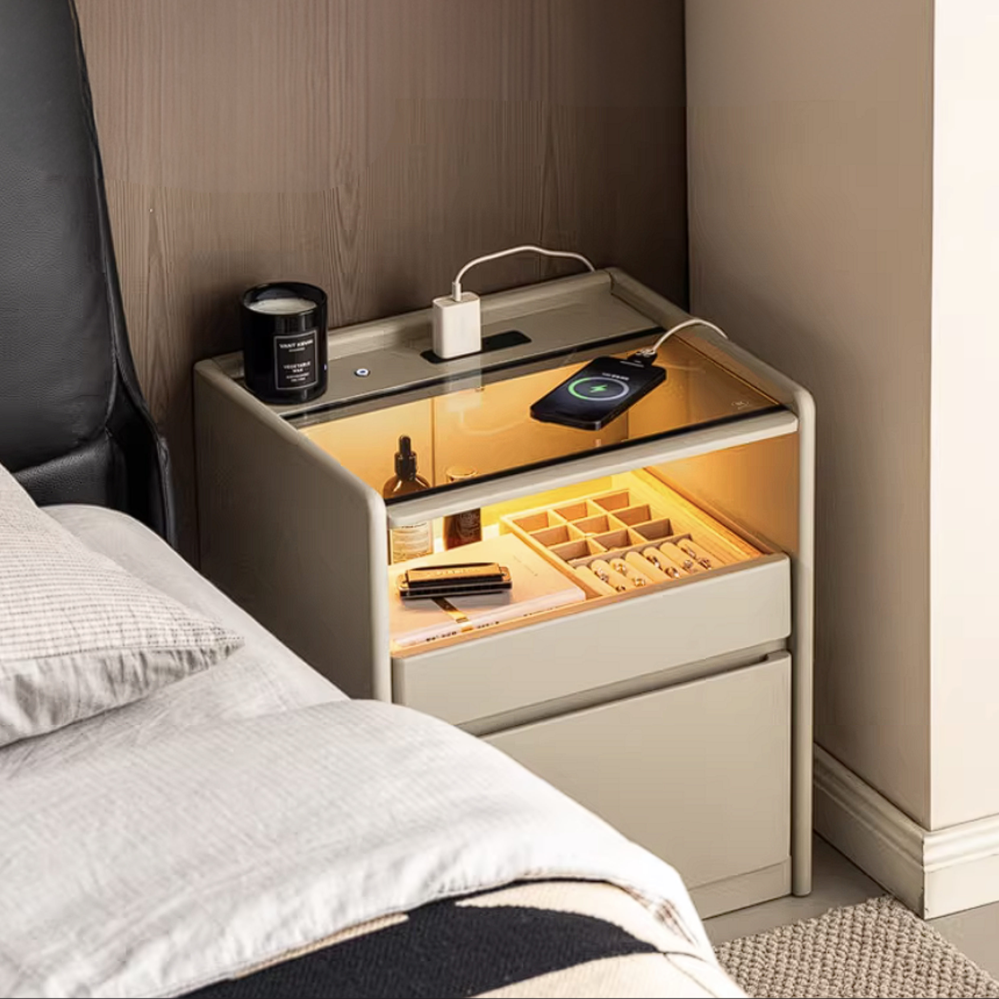 Rubberwood Solid Wood Taupe Nightstand with Tempered Glass Top, Built-In Outlet, and LED-Lit Organizer Drawer