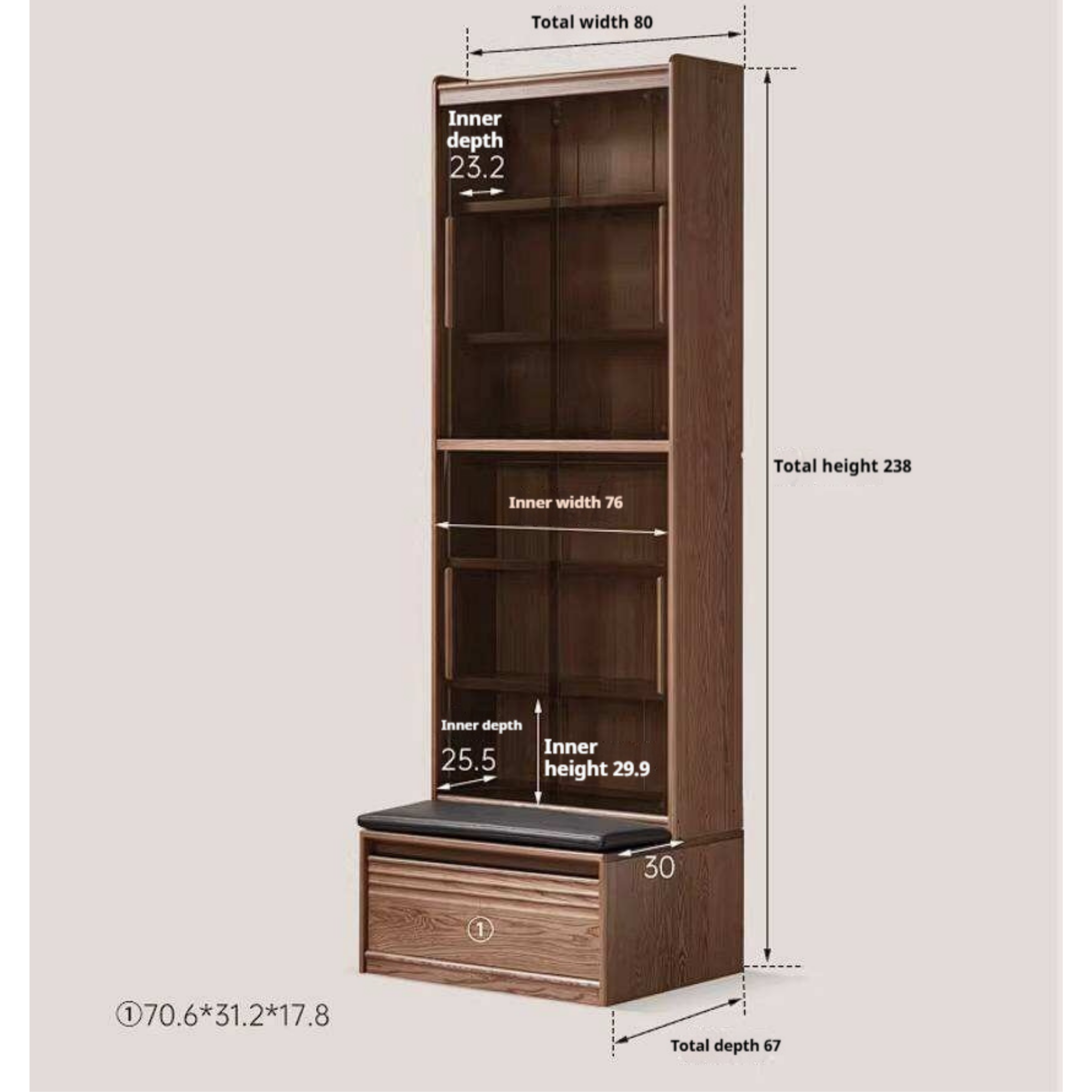 Ash Solid Wood Bookcase with Built In Bench Seat and Storage Drawer, Display Cabinet