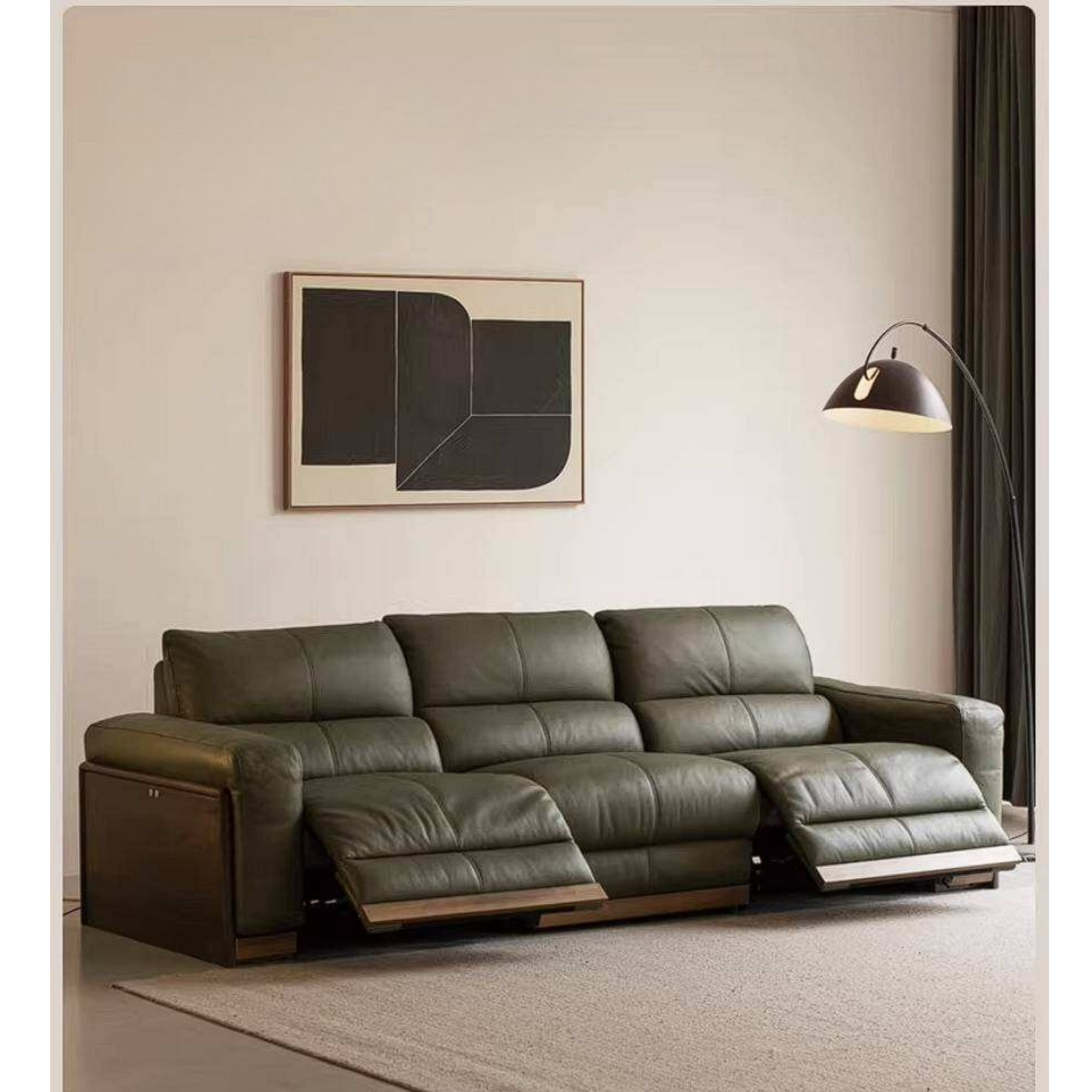 Black Walnut Solid Wood Genuine Leather Reclining Sofa with Zero Wall Clearance