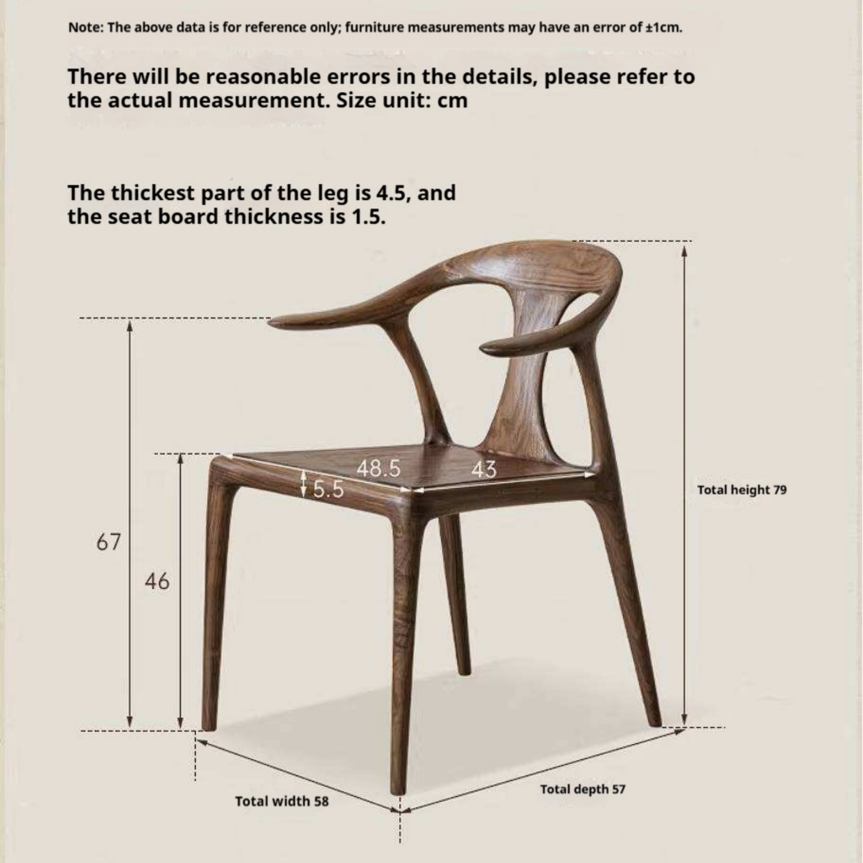 Black Walnut Solid Wood Ox Horn Dining Chair with Carved Curved Armrests