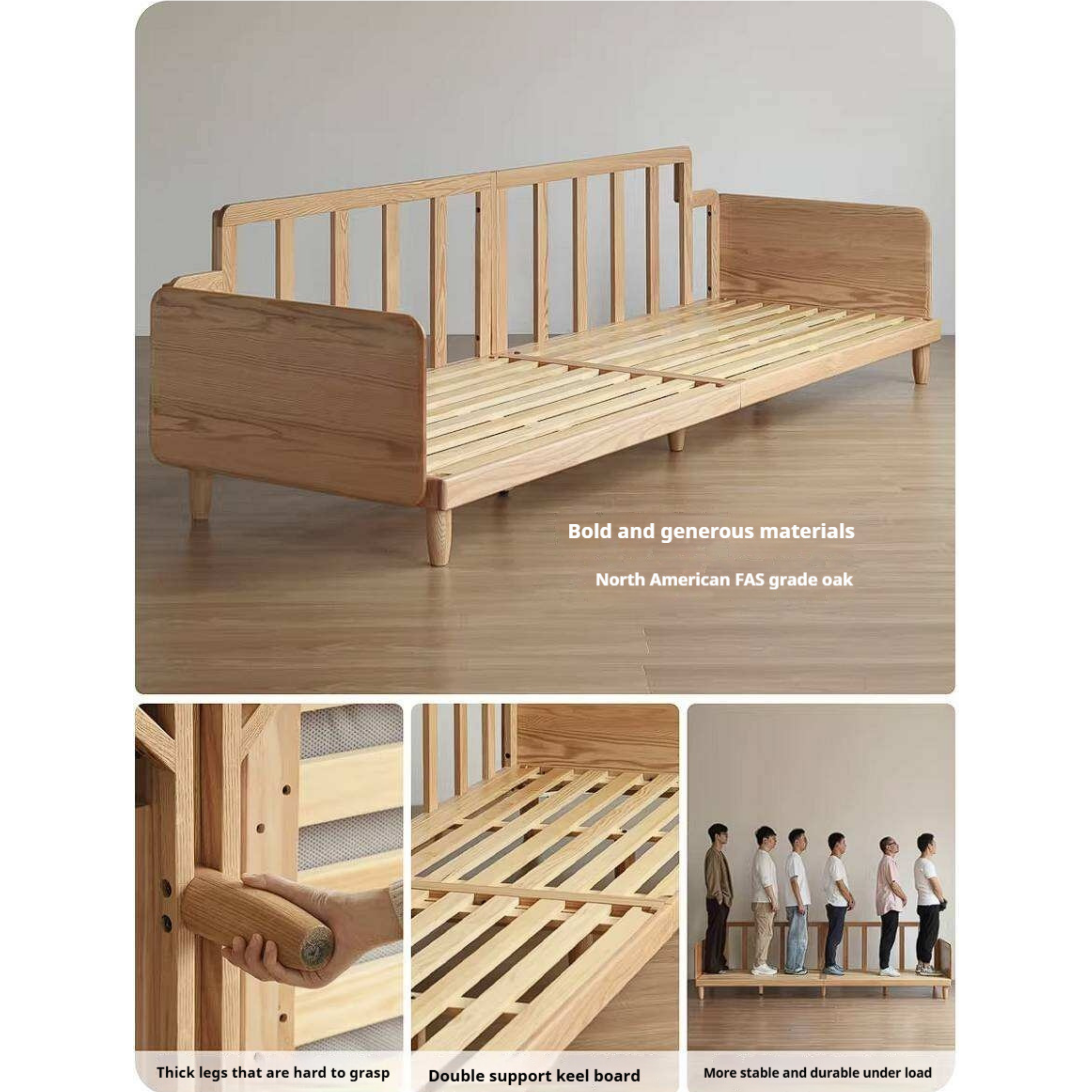 Oak Solid Wood Sofa with Rounded Arms, Low-Profile Design