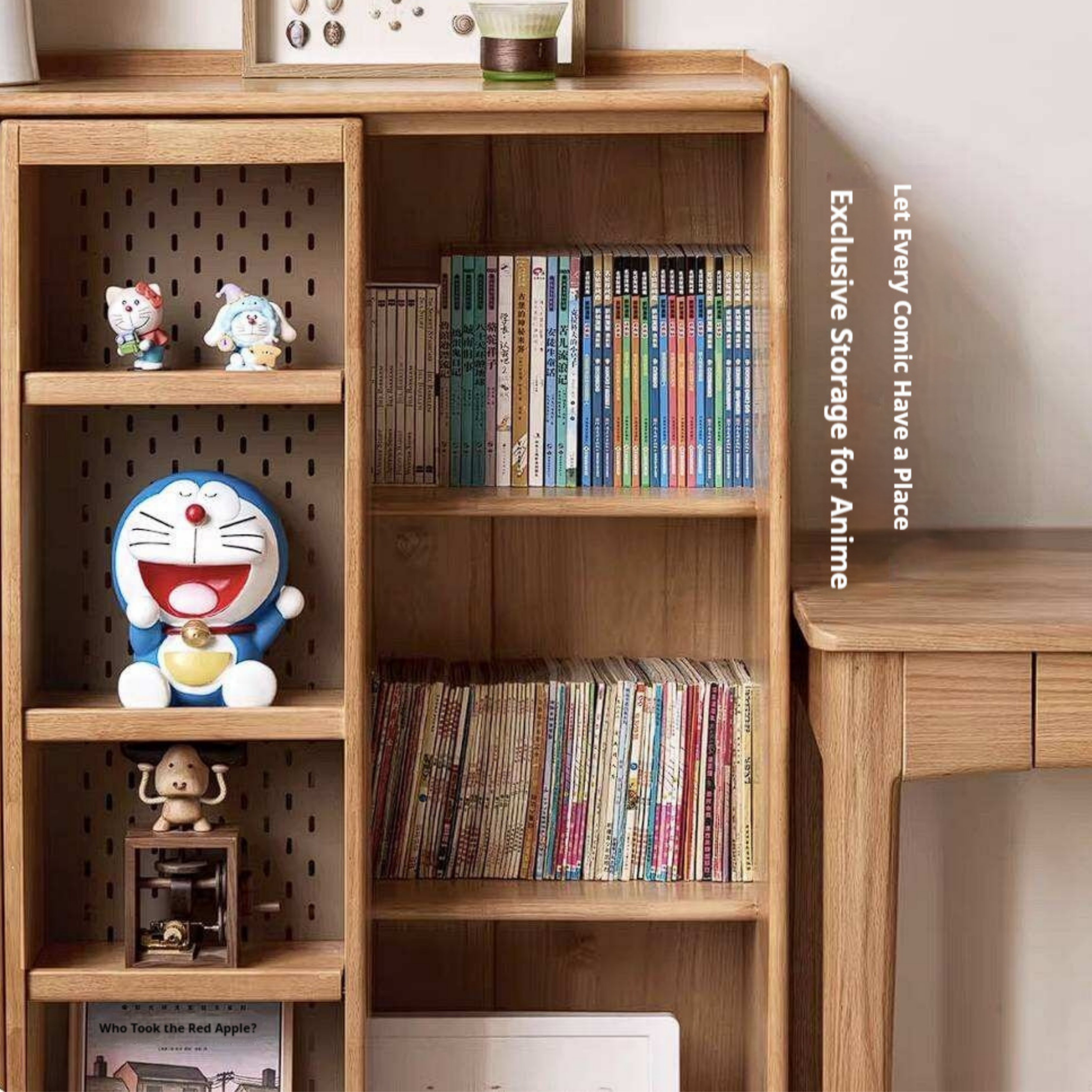 Rubberwood Solid Wood Bookshelf Floor-Standing Shelves and Sliding Doors