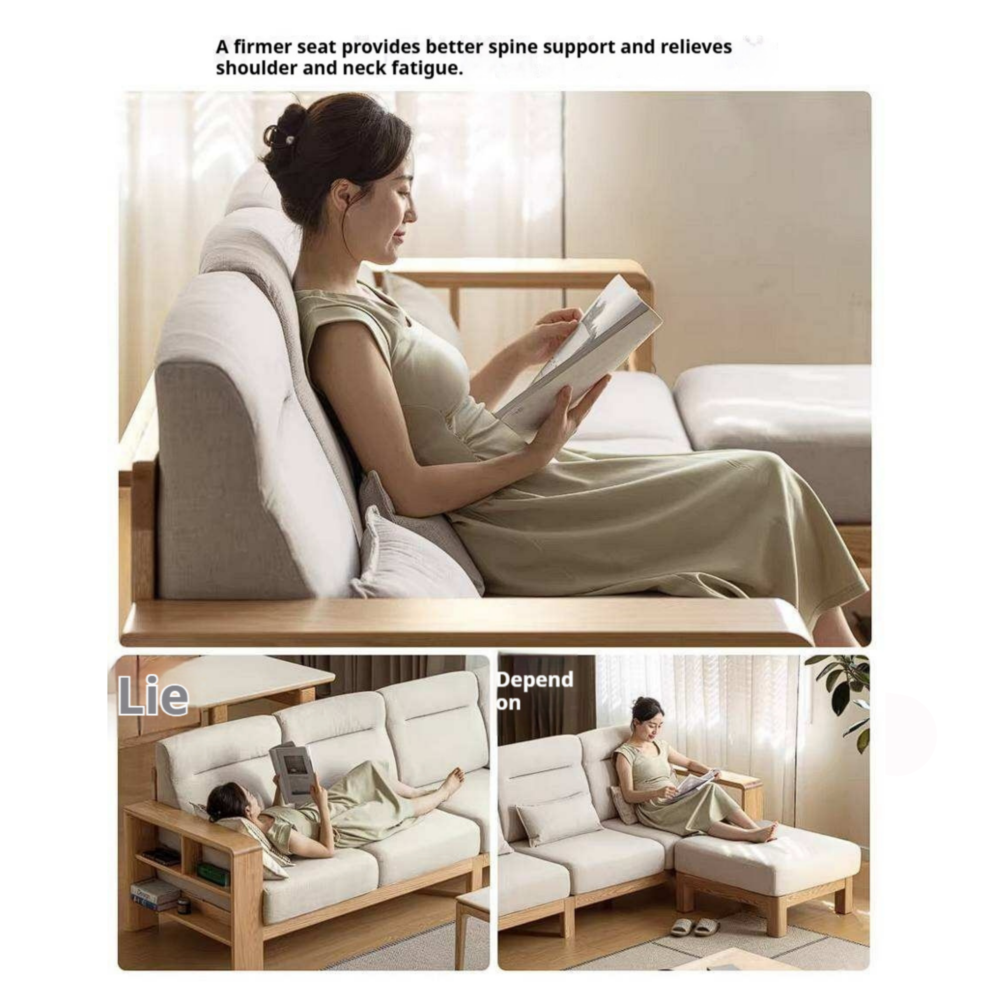 Oak Solid Wood Corner Sofa with Modern Fabric Upholstery