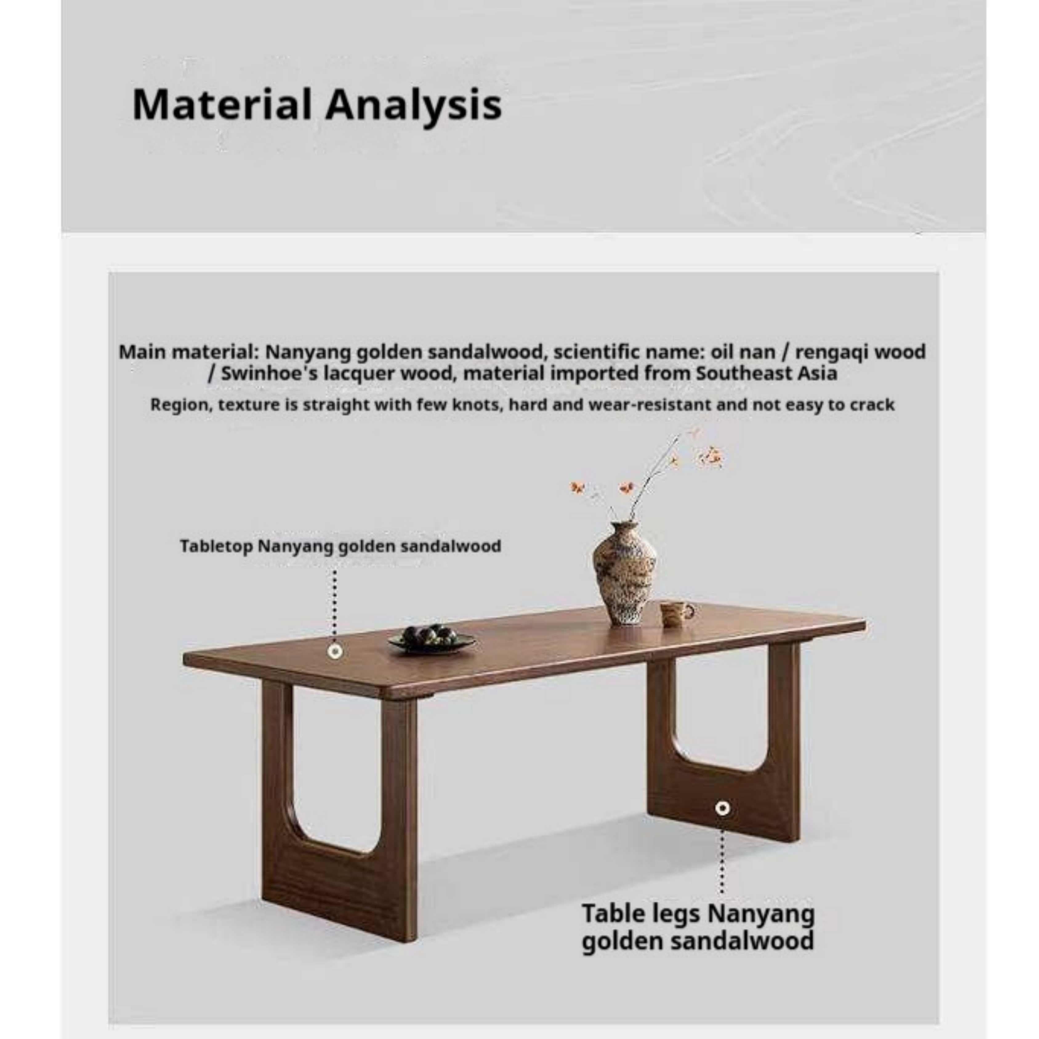 Sandalwood Solid Wood Dining Table with Thick Rectangular Top