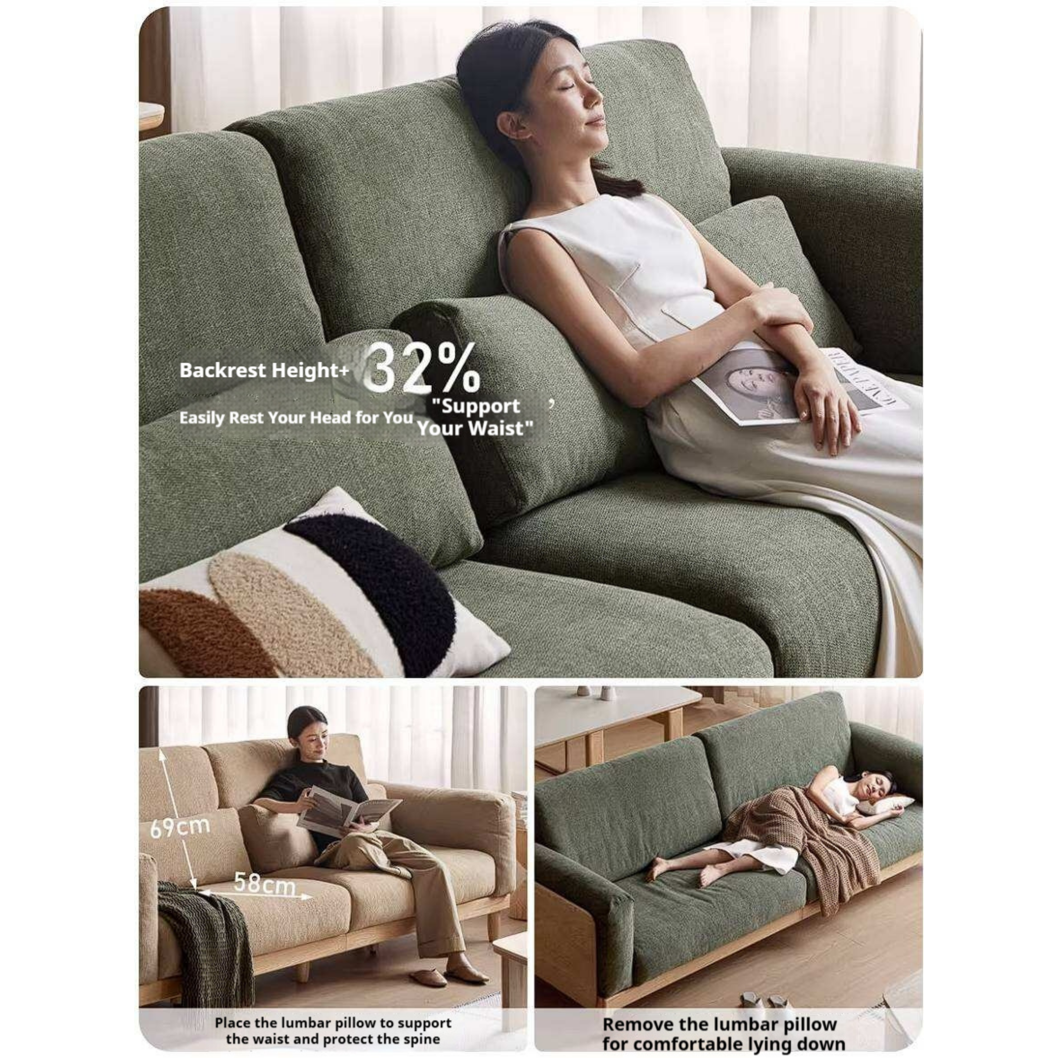 Oak Solid Wood Sofa with Rounded Arms, Low-Profile Design