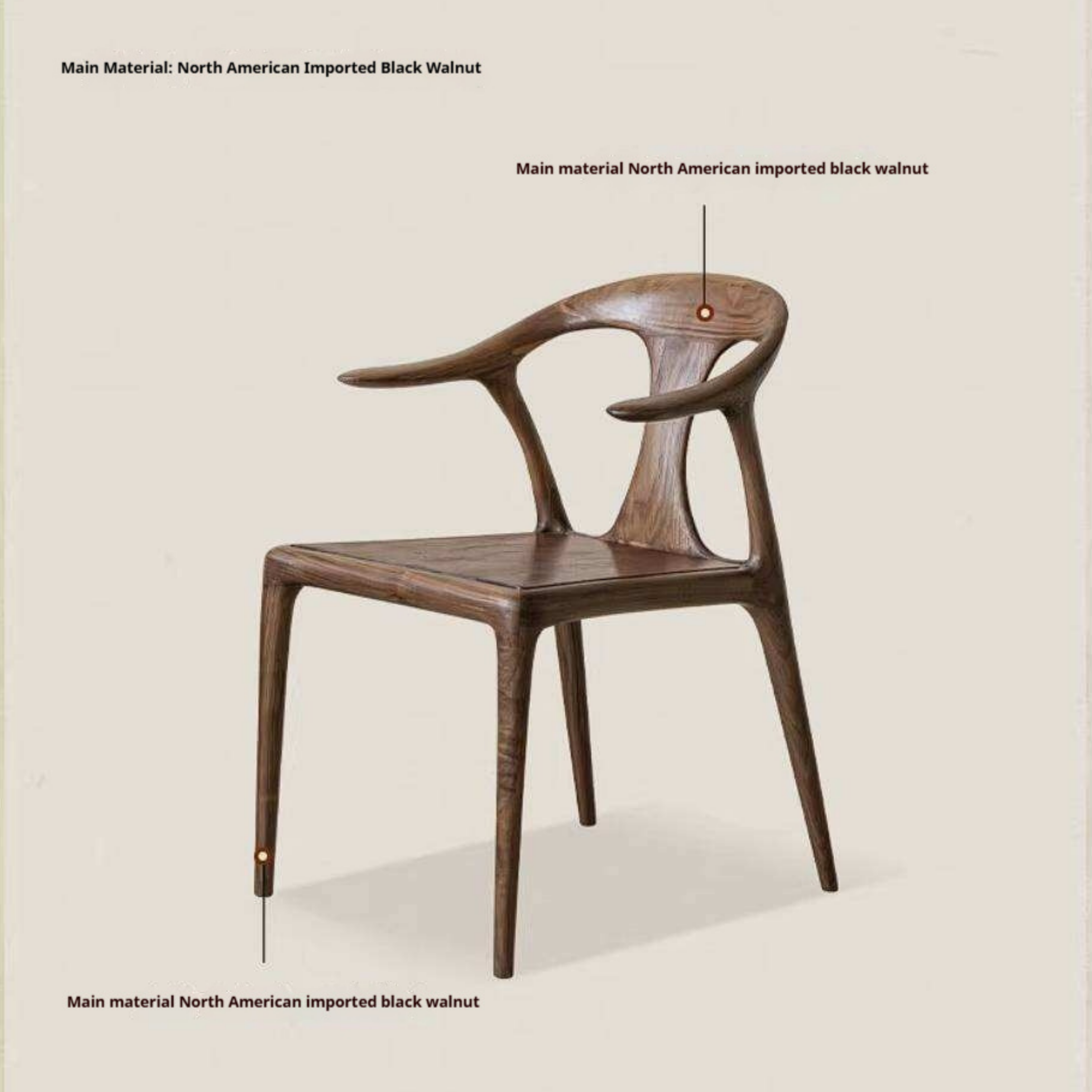 Black Walnut Solid Wood Ox Horn Dining Chair with Carved Curved Armrests