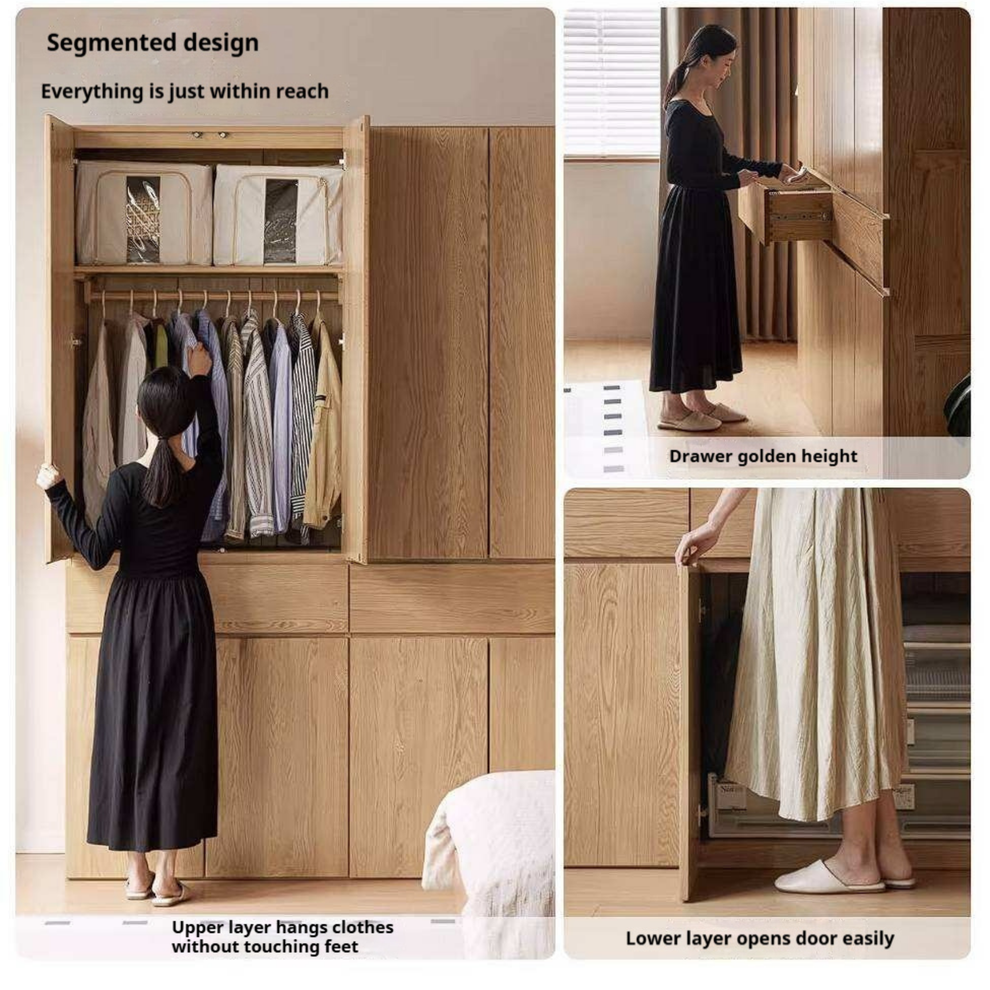 Oak Solid Wood Double Door Wardrobe with pull-out storage drawers Design
