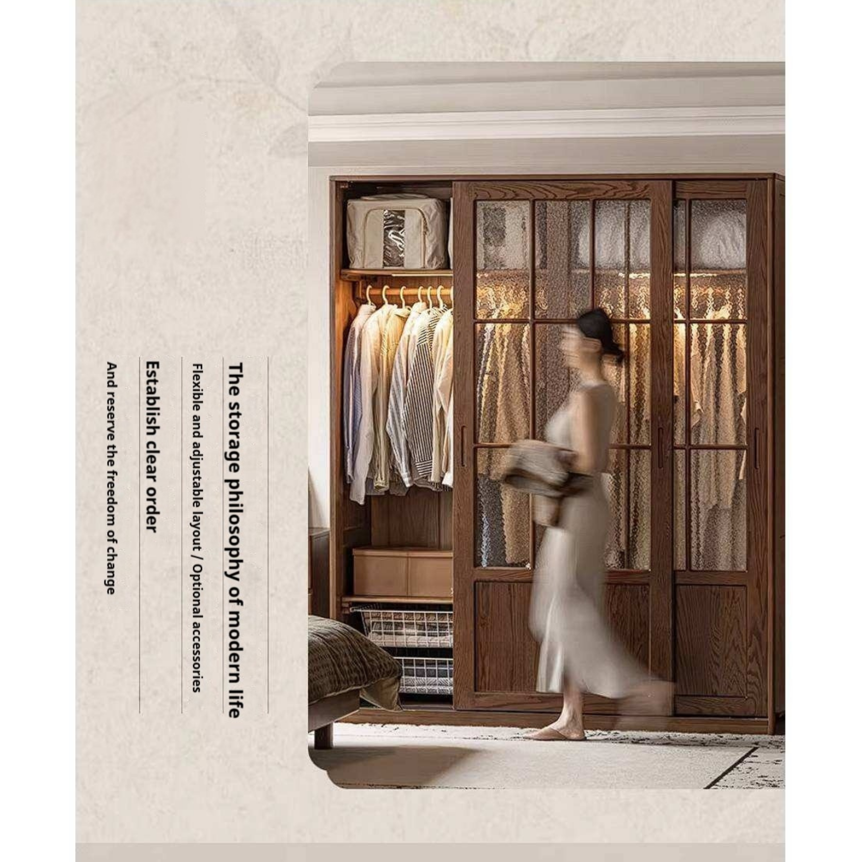 Oak Solid Wood Wardrobe with Songshi Aesthetic Storage Design