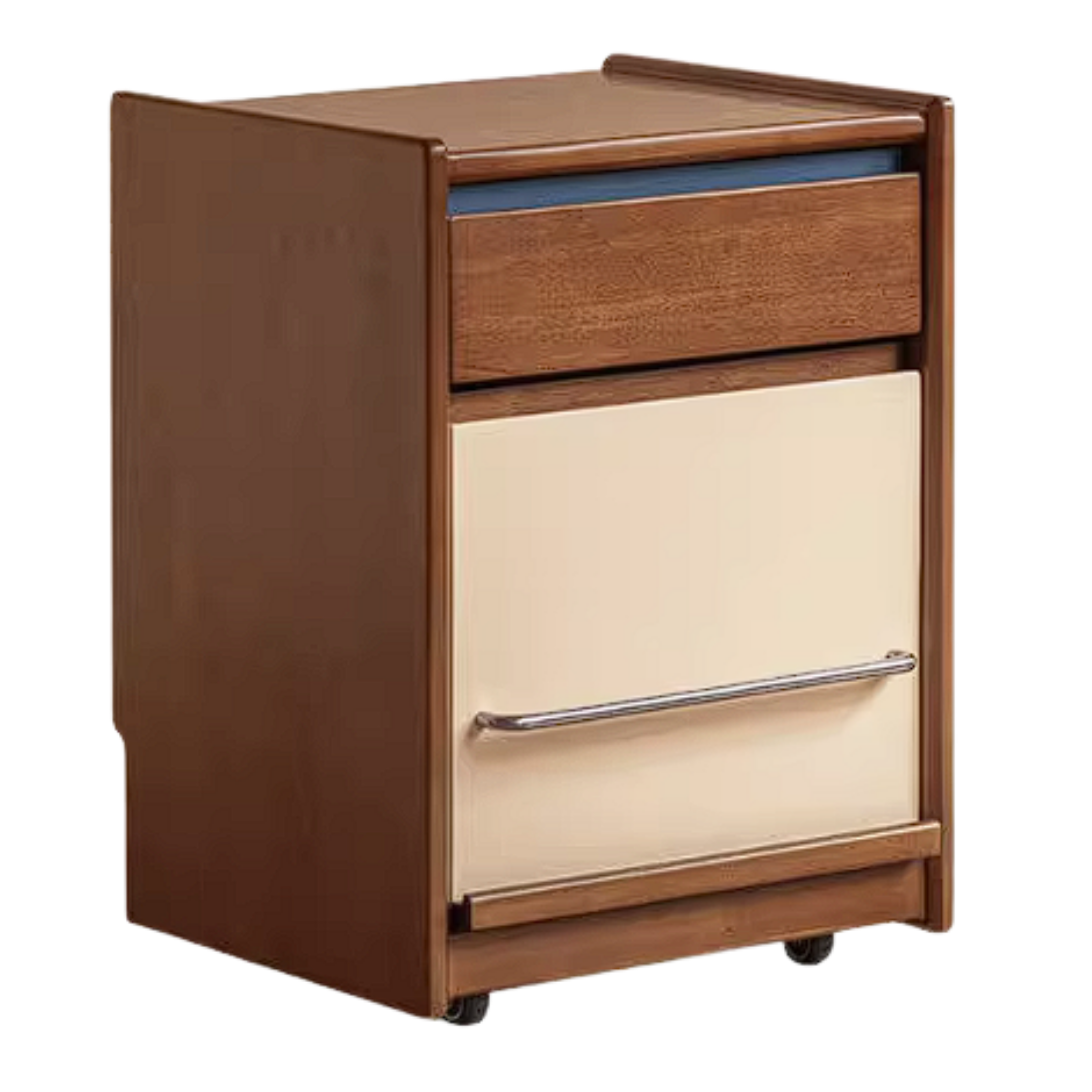 Poplar Solid Wood Two-Tone Rolling Nightstand with Magazine Rail