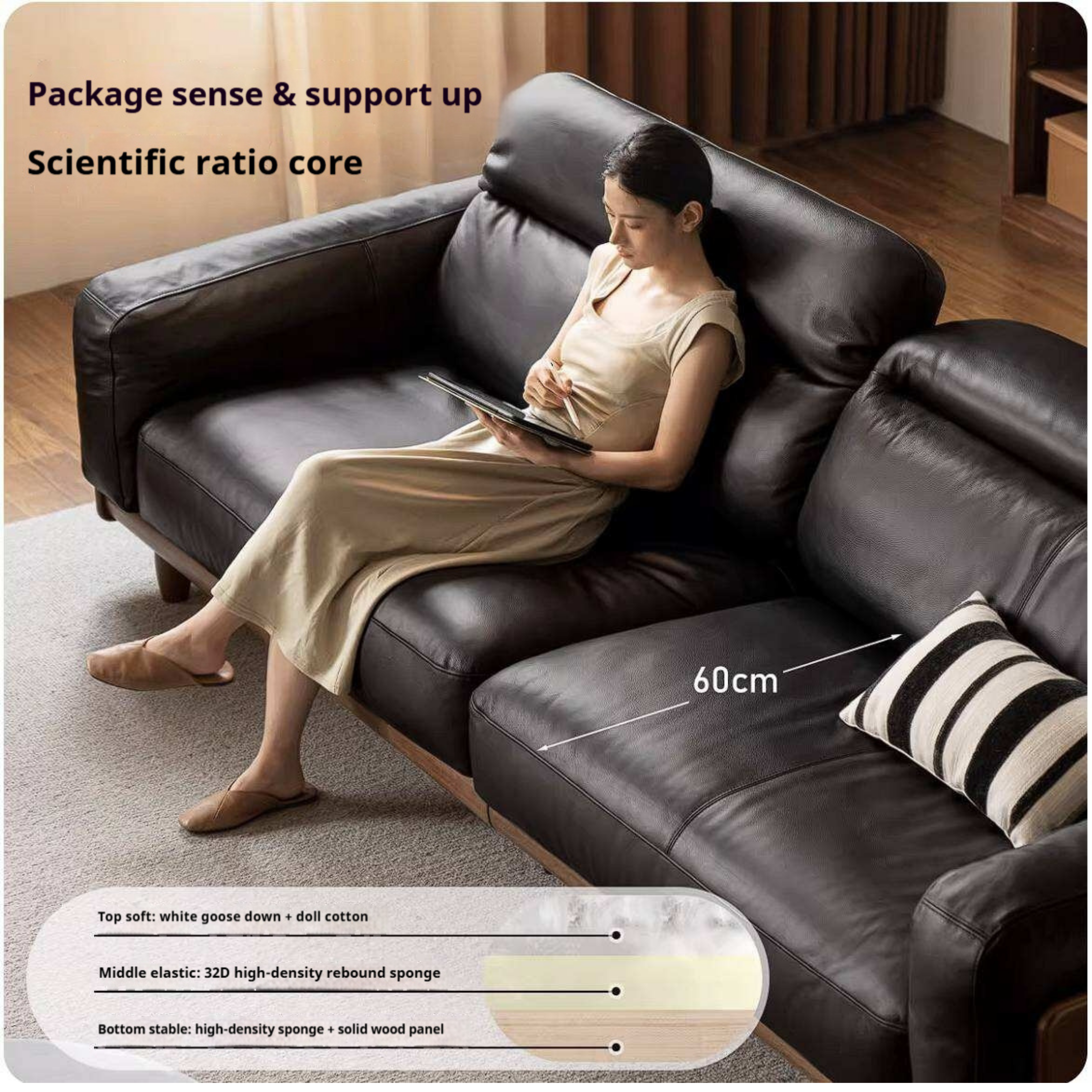 Golden Pear Solid Wood Genuine leather Sofa with Italian Light Luxury Design