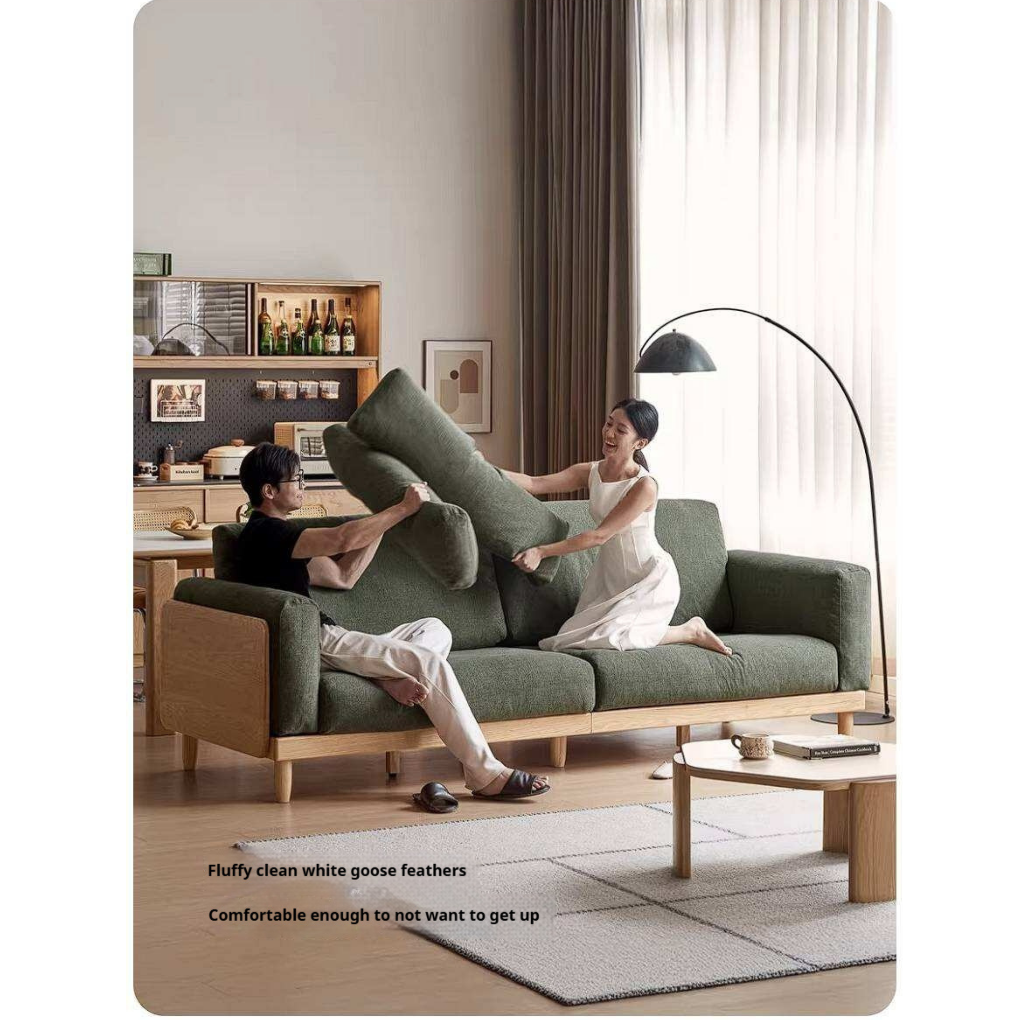 Oak Solid Wood Sofa with Rounded Arms, Low-Profile Design