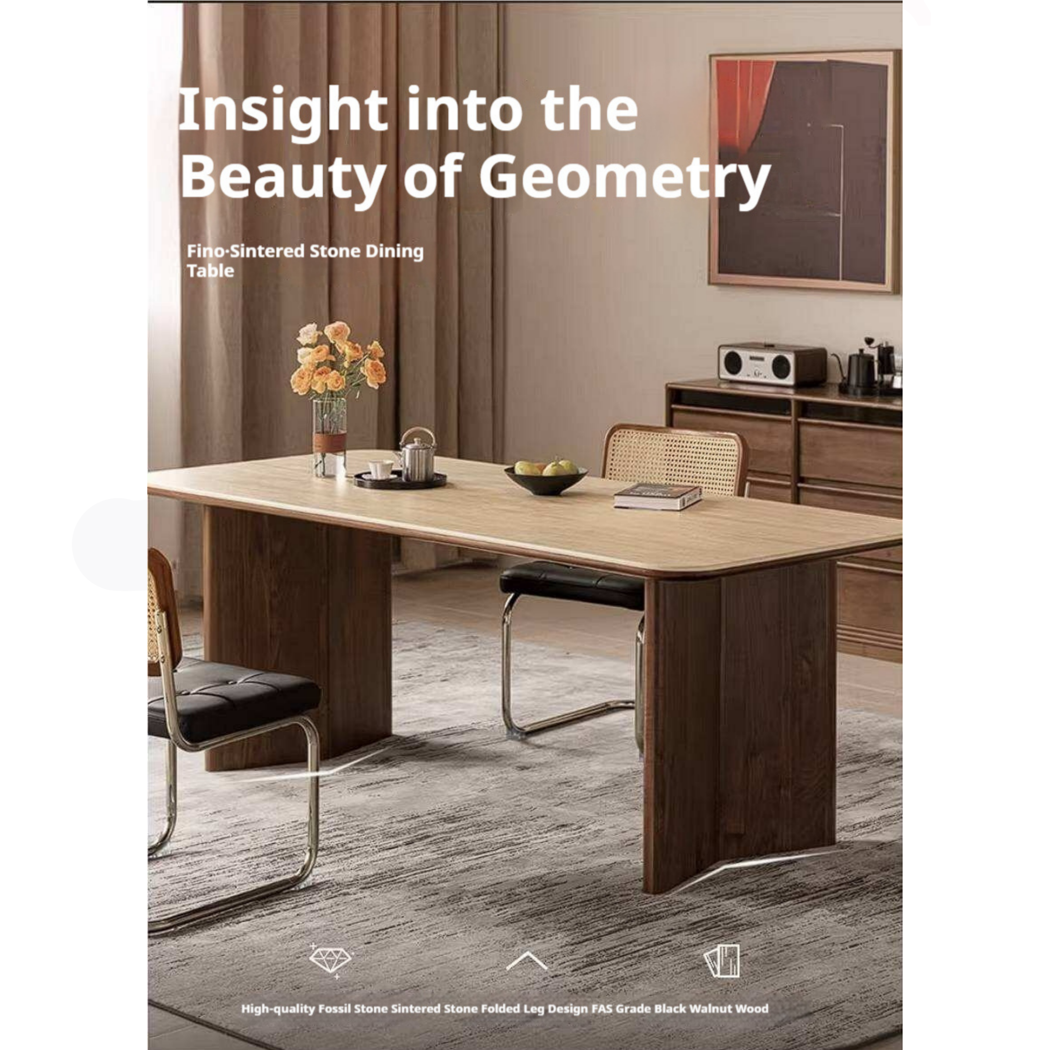 Black Walnut Solid Wood Trestle Dining Table with Stone Top and Panel Legs