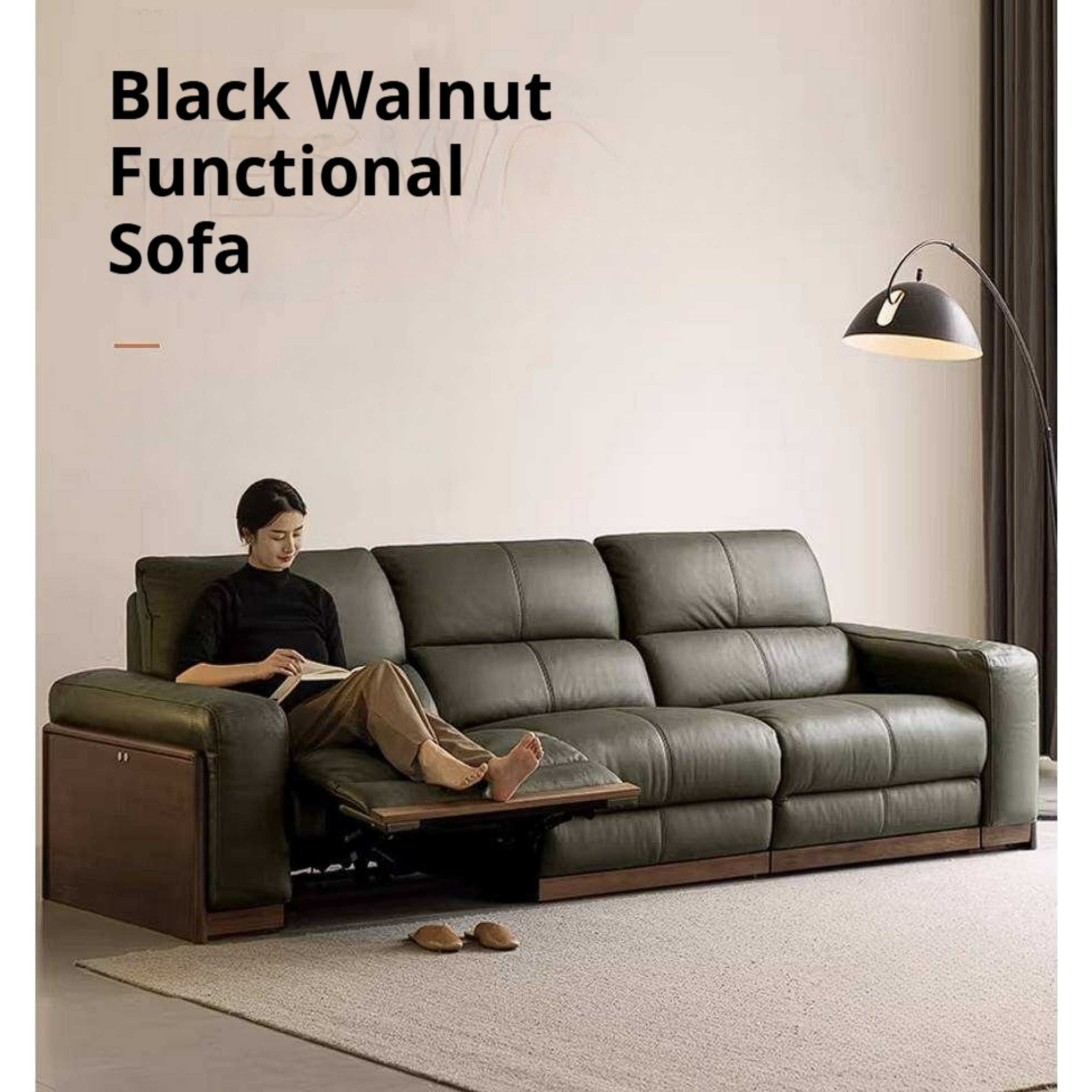 Black Walnut Solid Wood Genuine Leather Reclining Sofa with Zero Wall Clearance