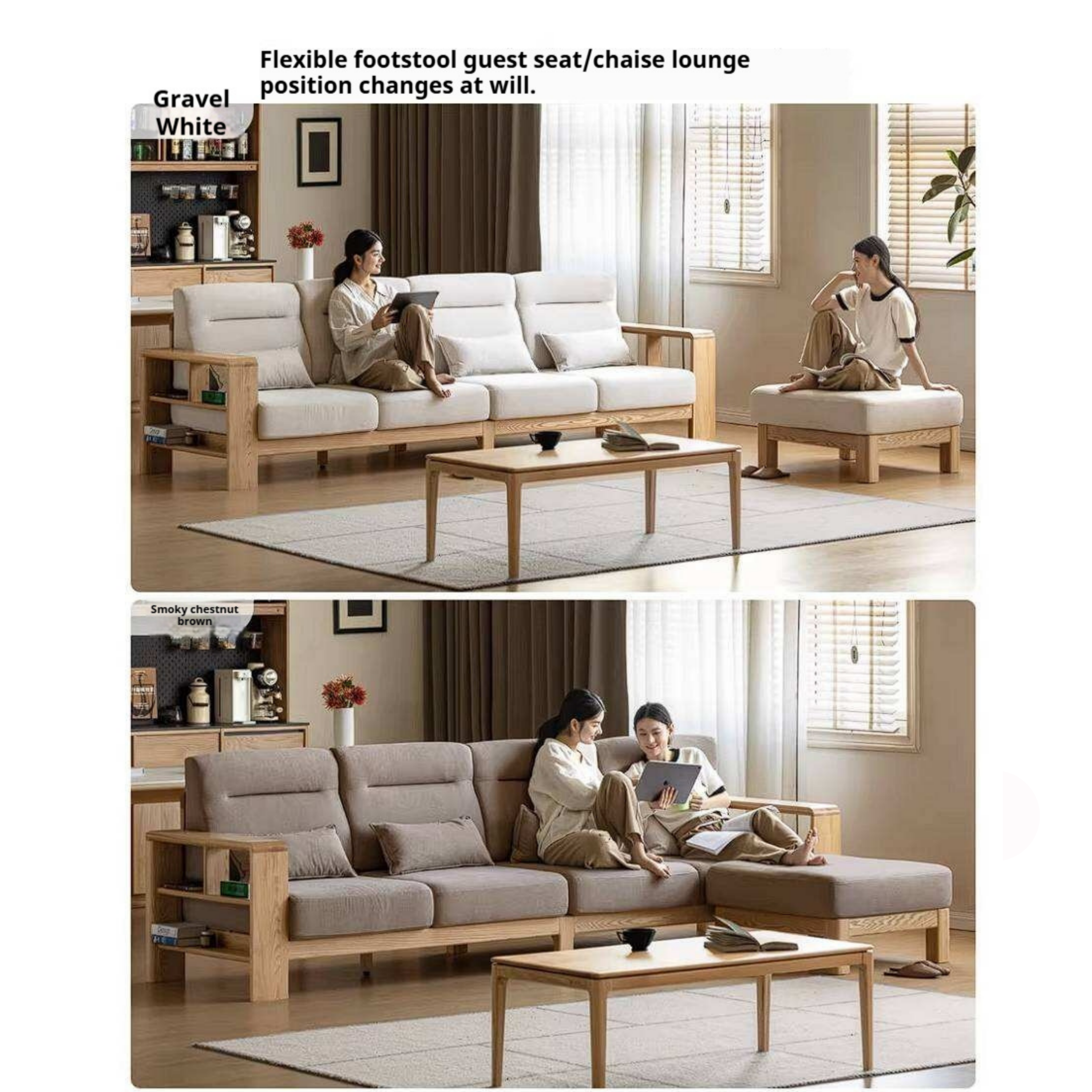 Oak Solid Wood Corner Sofa with Modern Fabric Upholstery