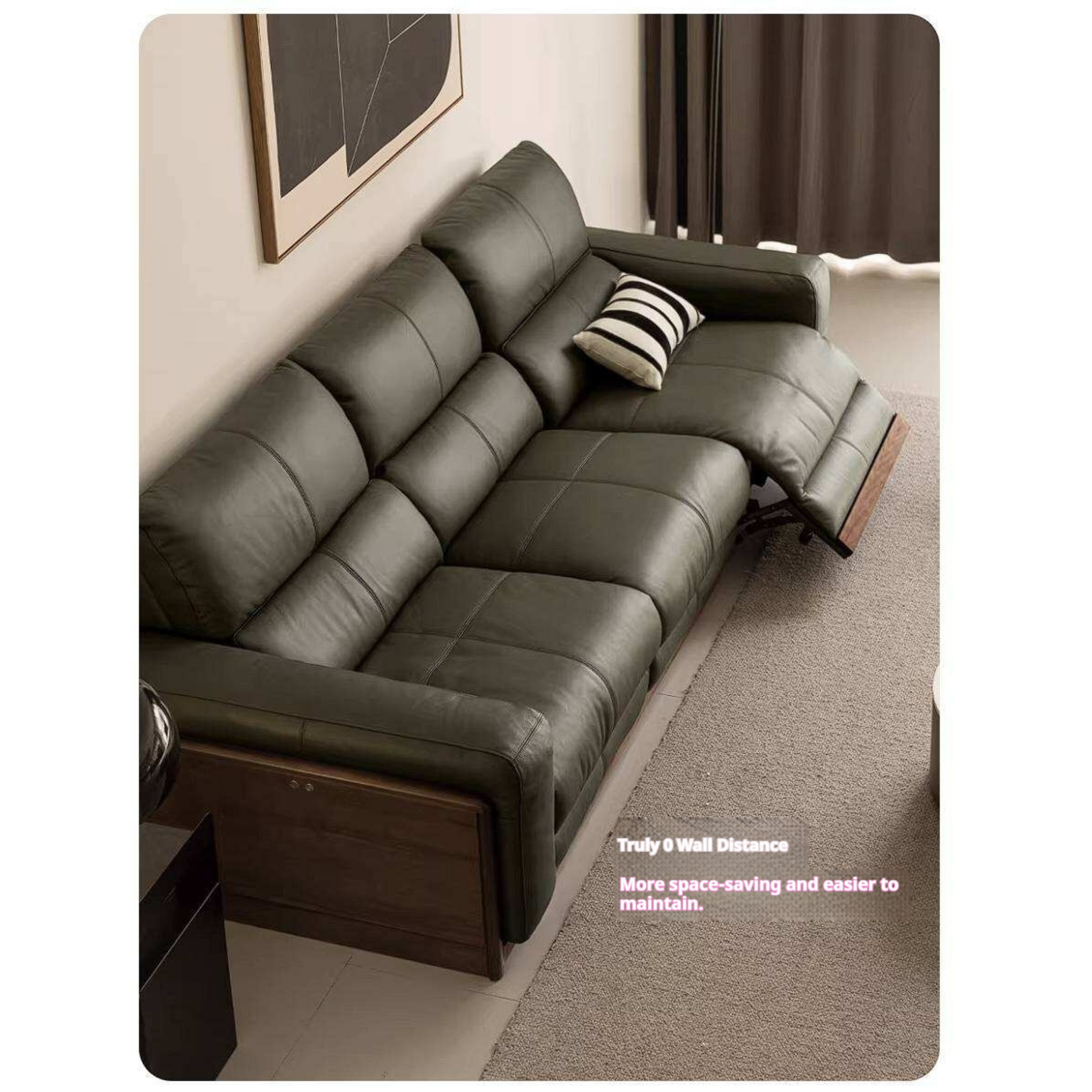 Black Walnut Solid Wood Genuine Leather Reclining Sofa with Zero Wall Clearance