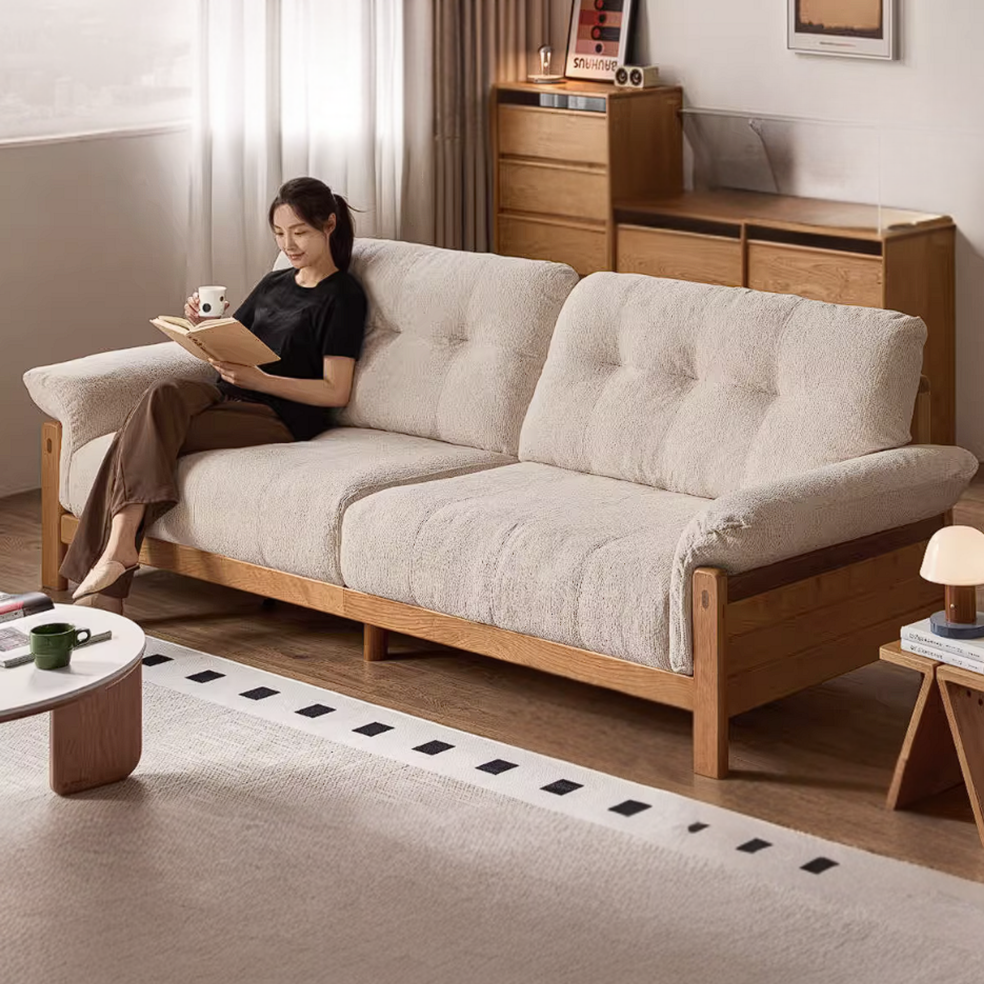 Cherry Solid Wood Vintage Frame Chenille Sofa with Exposed Slatted Arms