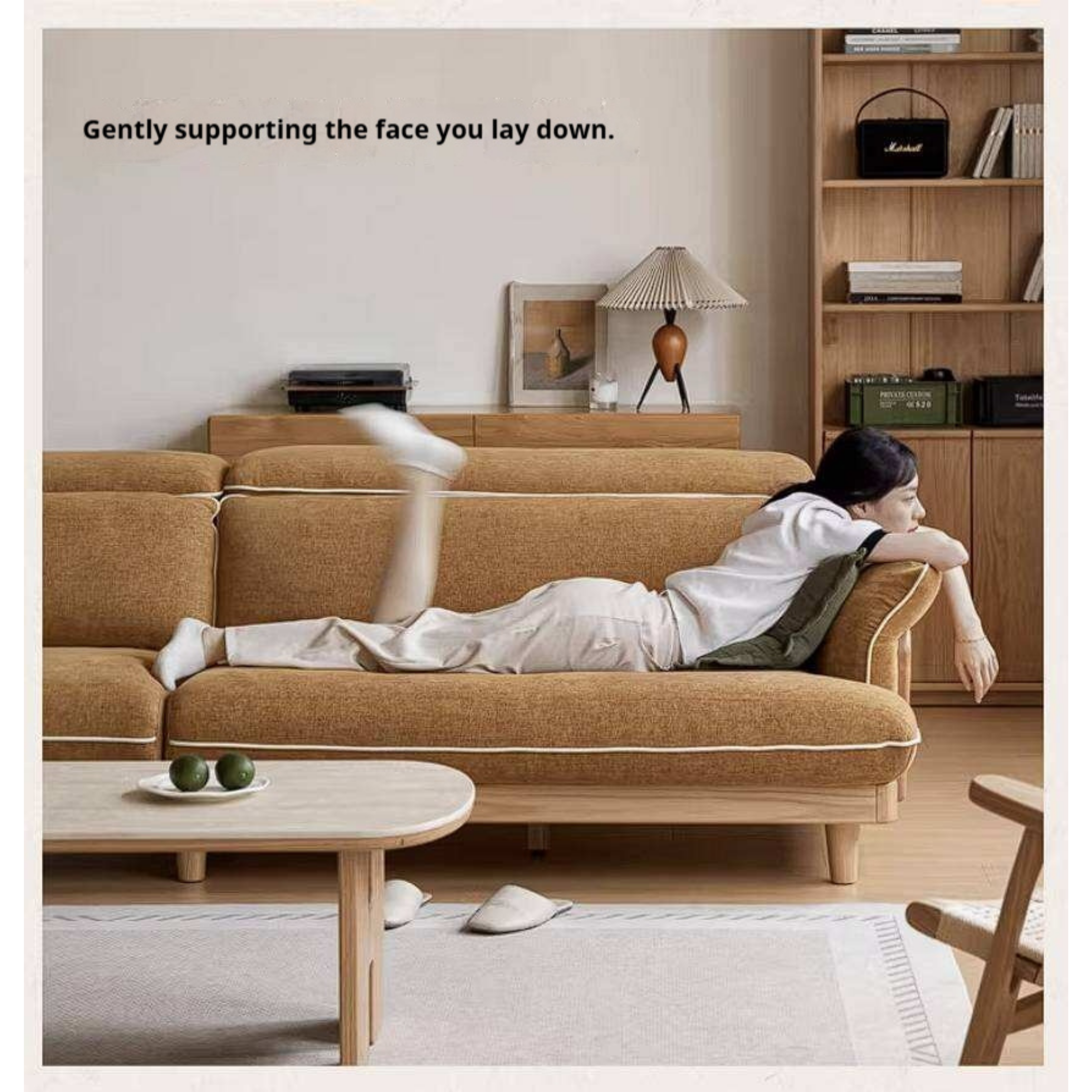 Oak Solid Wood High Back Chenille Sofa with Curved Arms