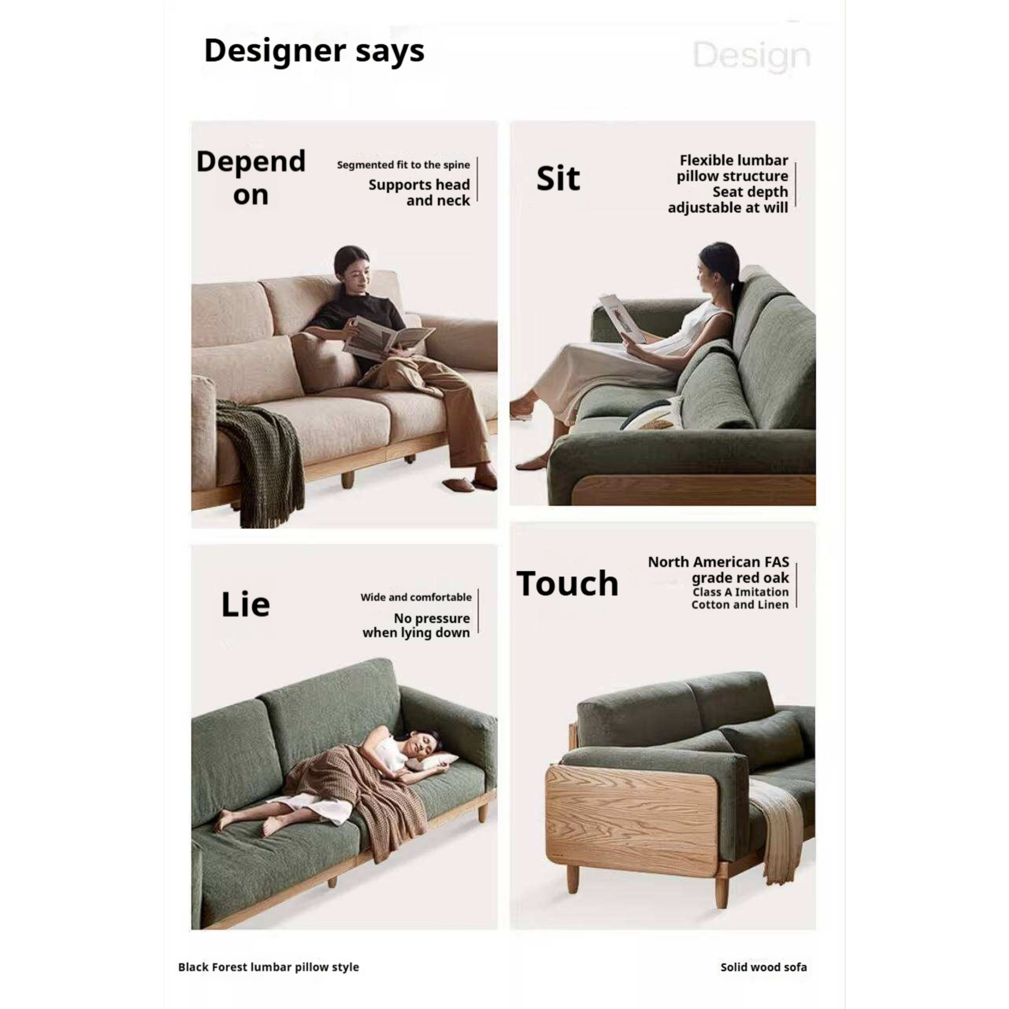Oak Solid Wood Sofa with Rounded Arms, Low-Profile Design