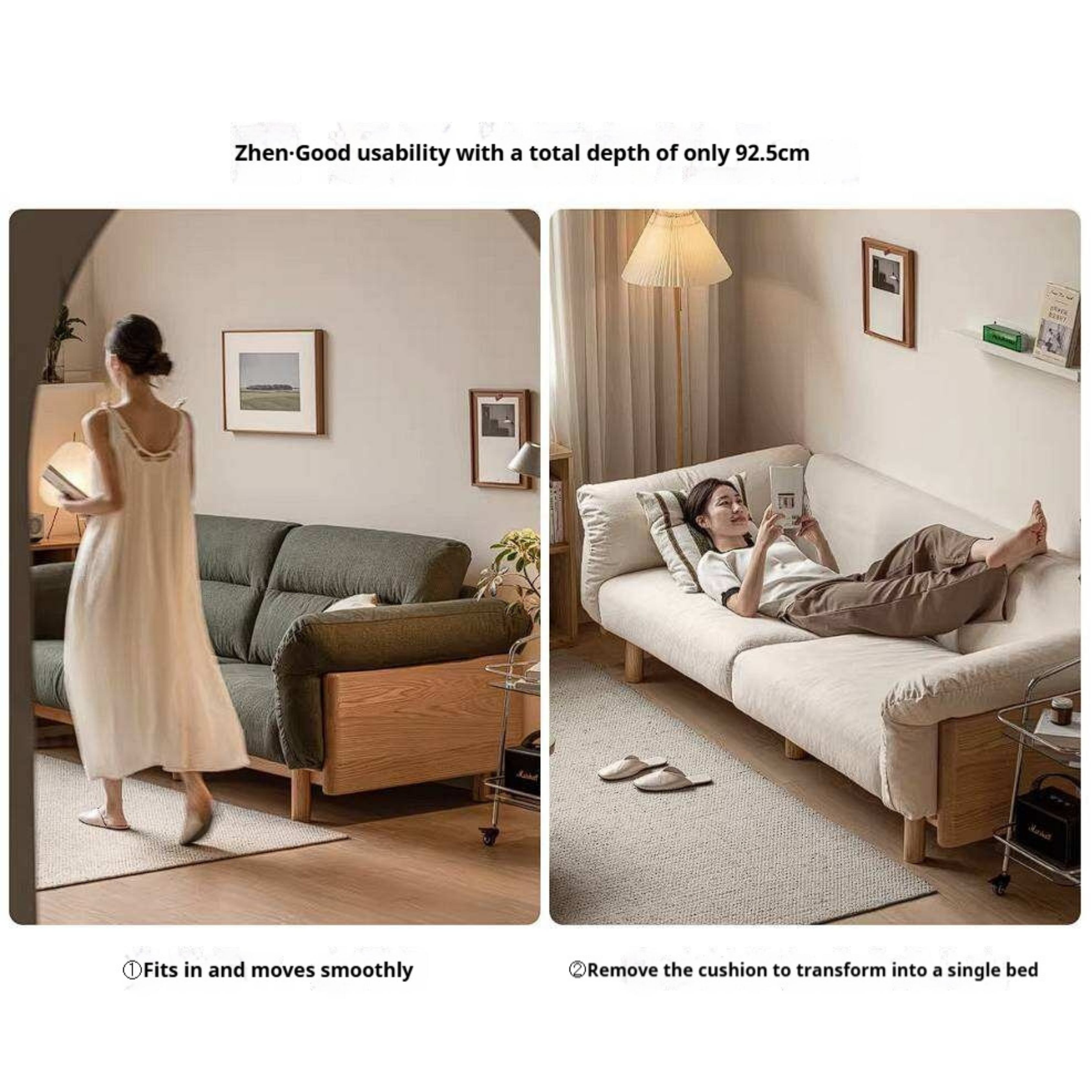 Oak Solid Wood Sofa with Wide Track Arms Genuine leather, fabric, removable and washable