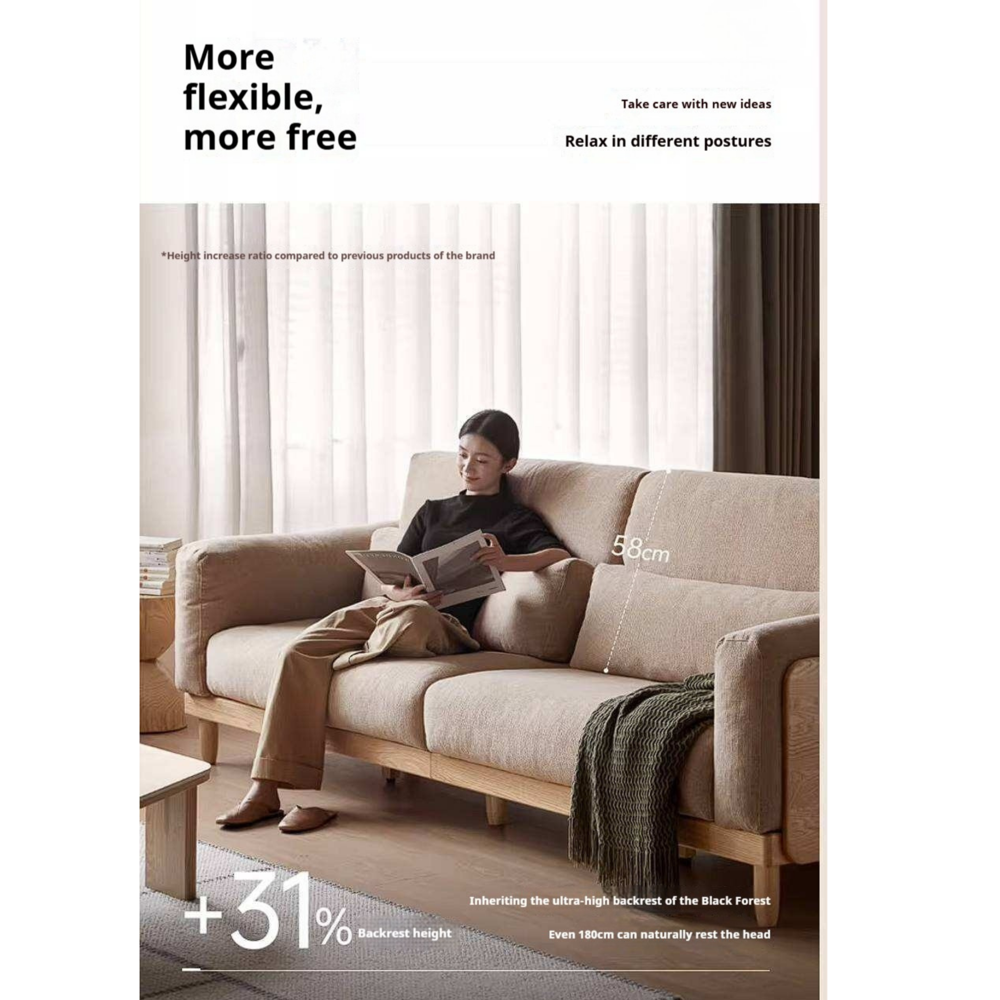 Oak Solid Wood Sofa with Rounded Arms, Low-Profile Design