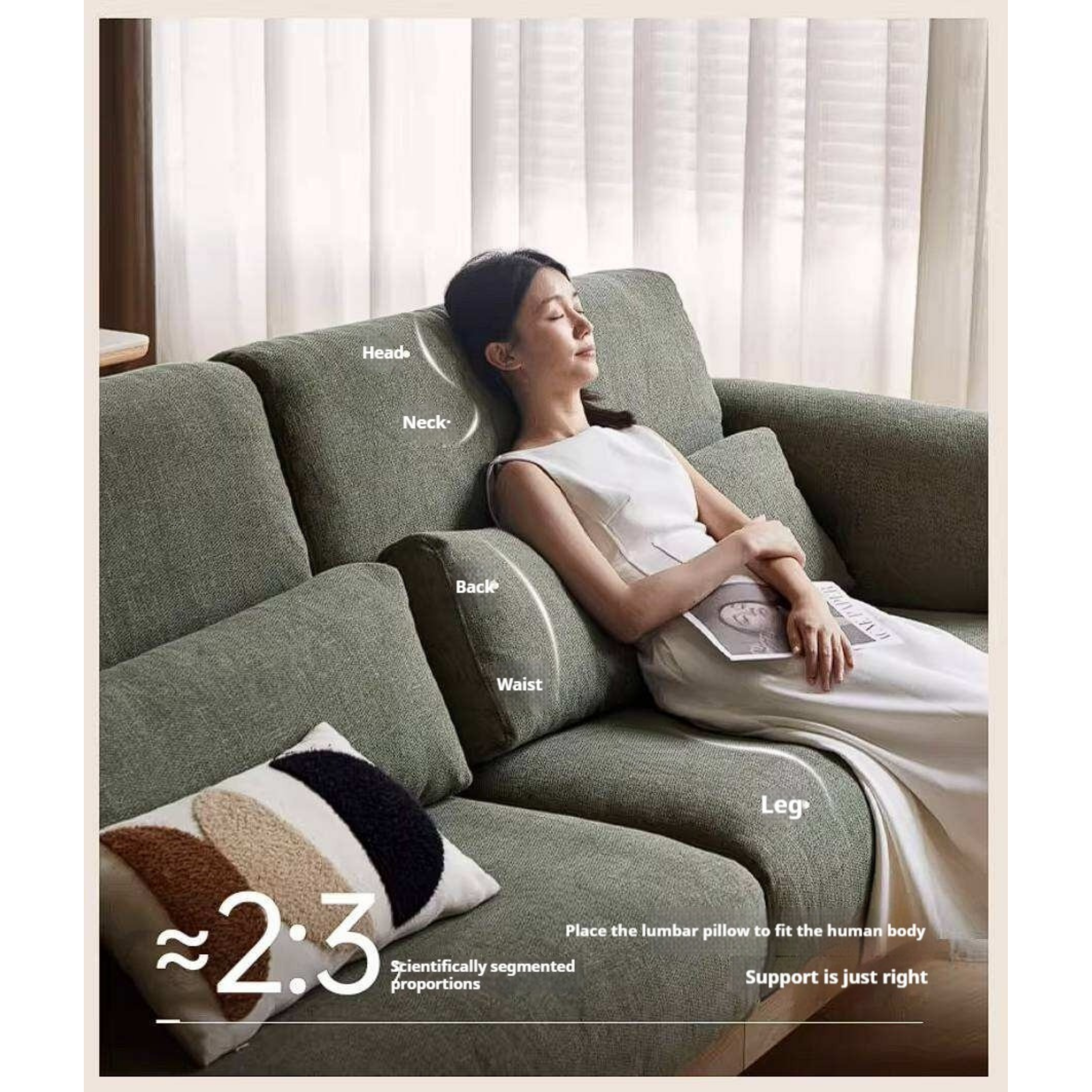 Oak Solid Wood Sofa with Rounded Arms, Low-Profile Design