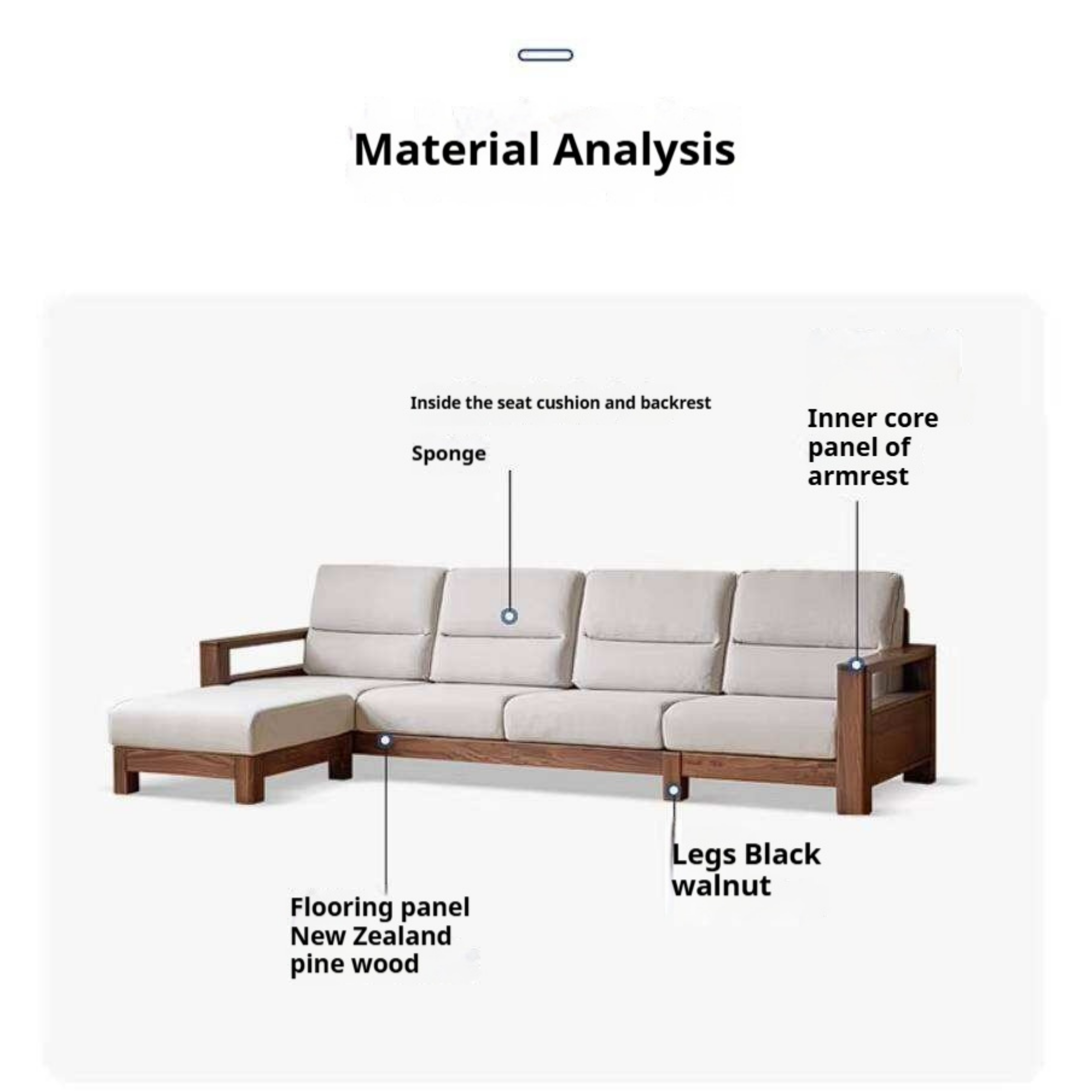 Black Walnut, Ash, Golden Sandalwood Solid Wood Corner Sofa with Fabric Upholstery