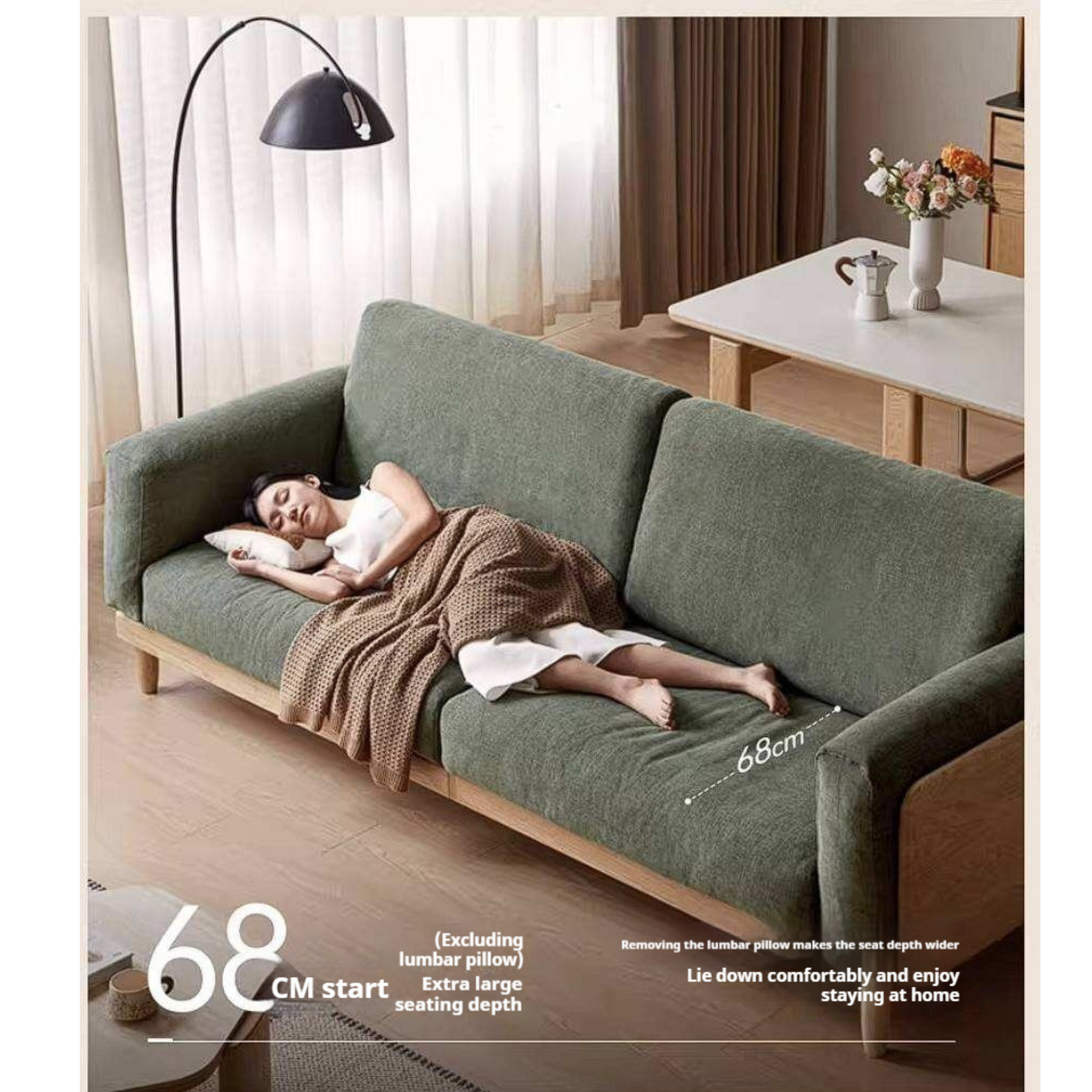 Oak Solid Wood Sofa with Rounded Arms, Low-Profile Design