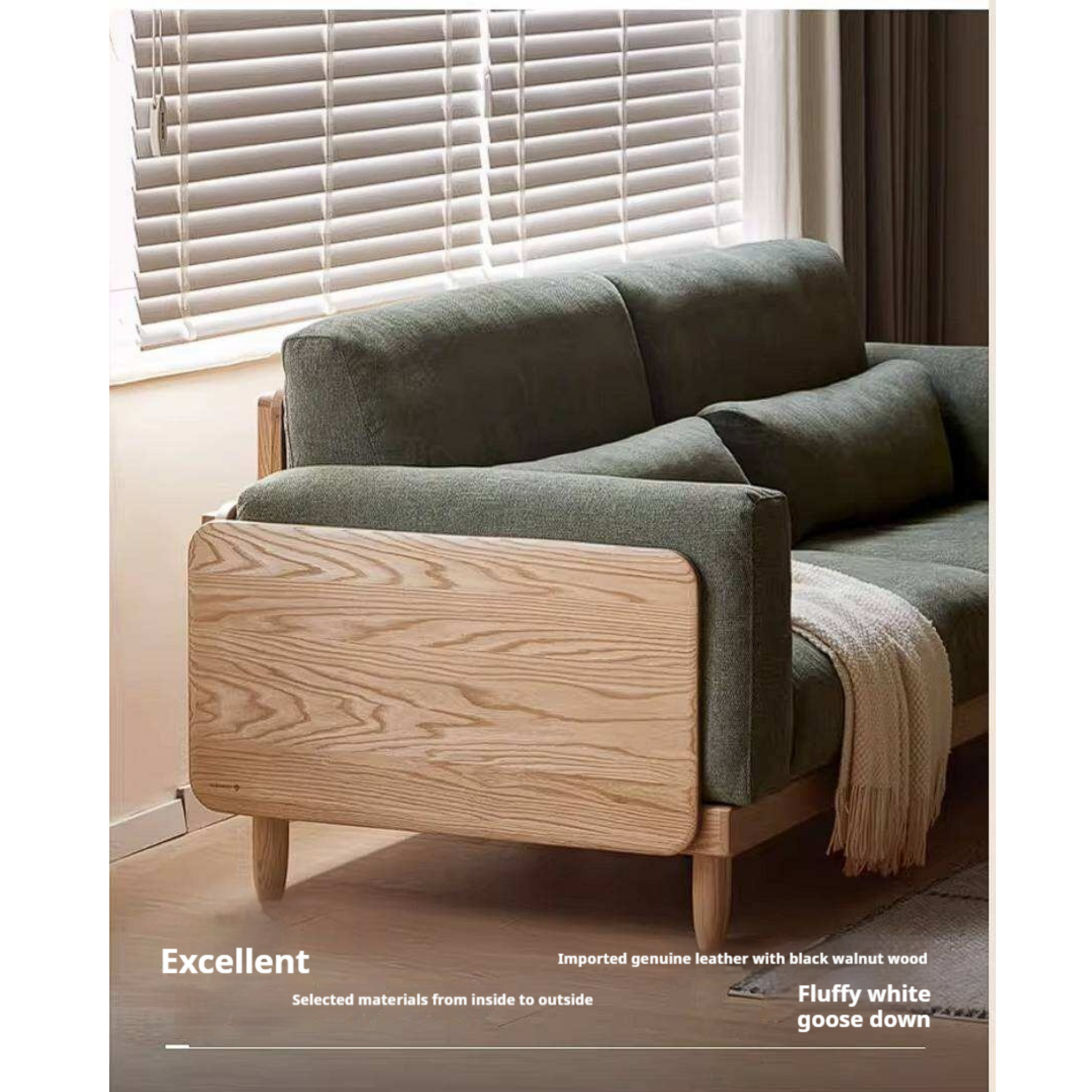 Oak Solid Wood Sofa with Rounded Arms, Low-Profile Design