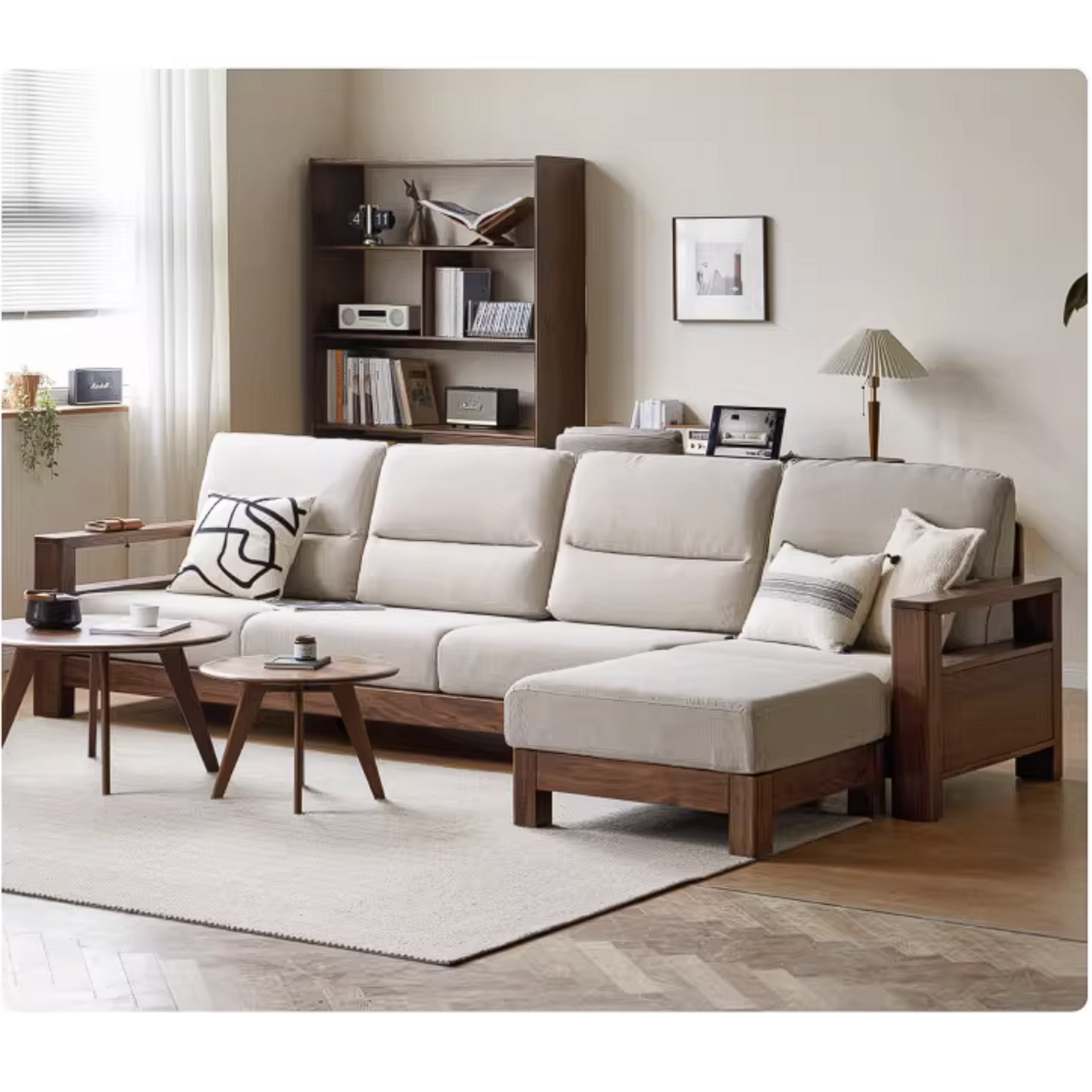 Black Walnut, Ash, Golden Sandalwood Solid Wood Corner Sofa with Fabric Upholstery