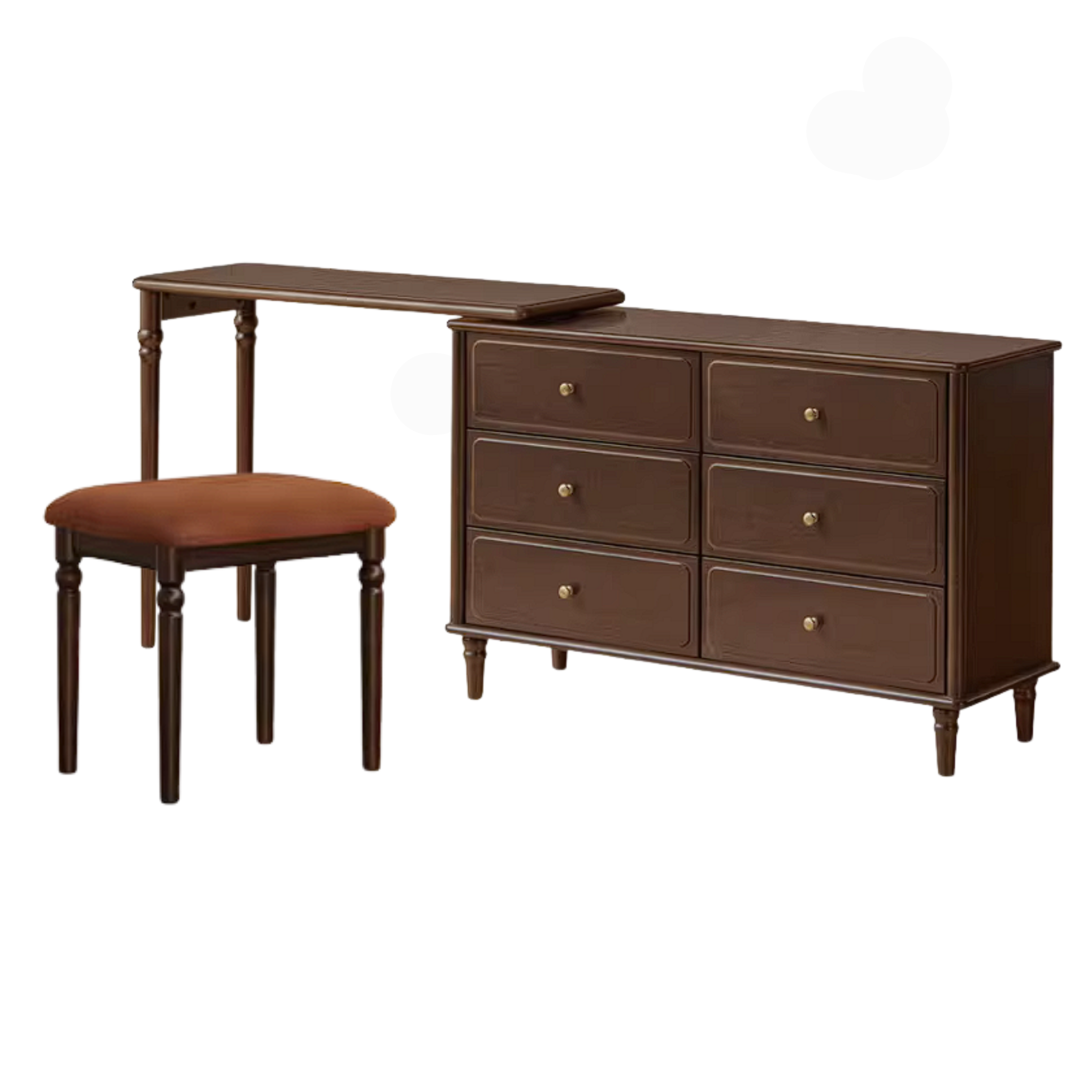 Poplar Solid Wood Vintage Extendable Vanity Desk with Round Mirror and Turned Legs
