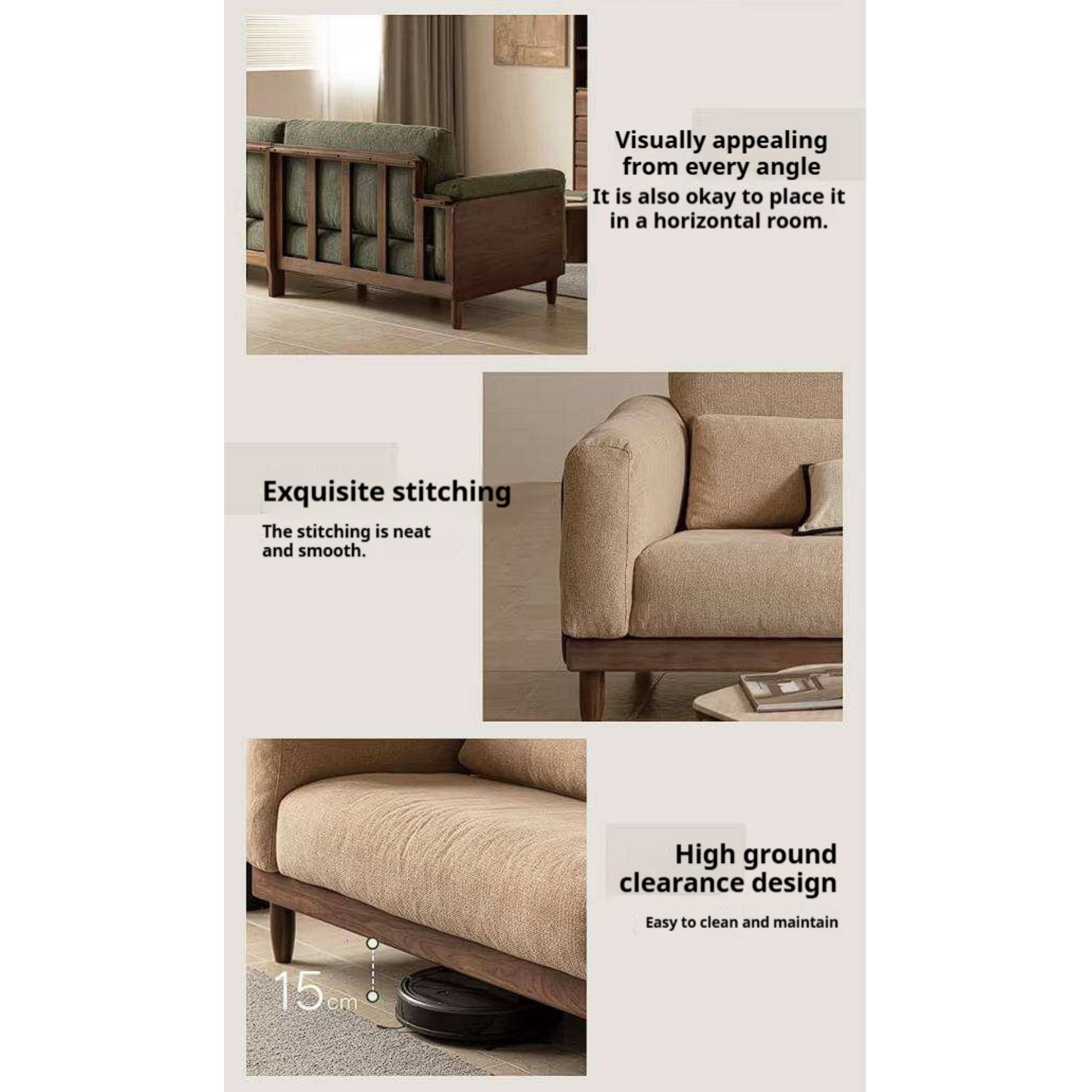 Black Walnut, Golden Sandalwood Solid Wood Sofa with Extra-Deep Seat