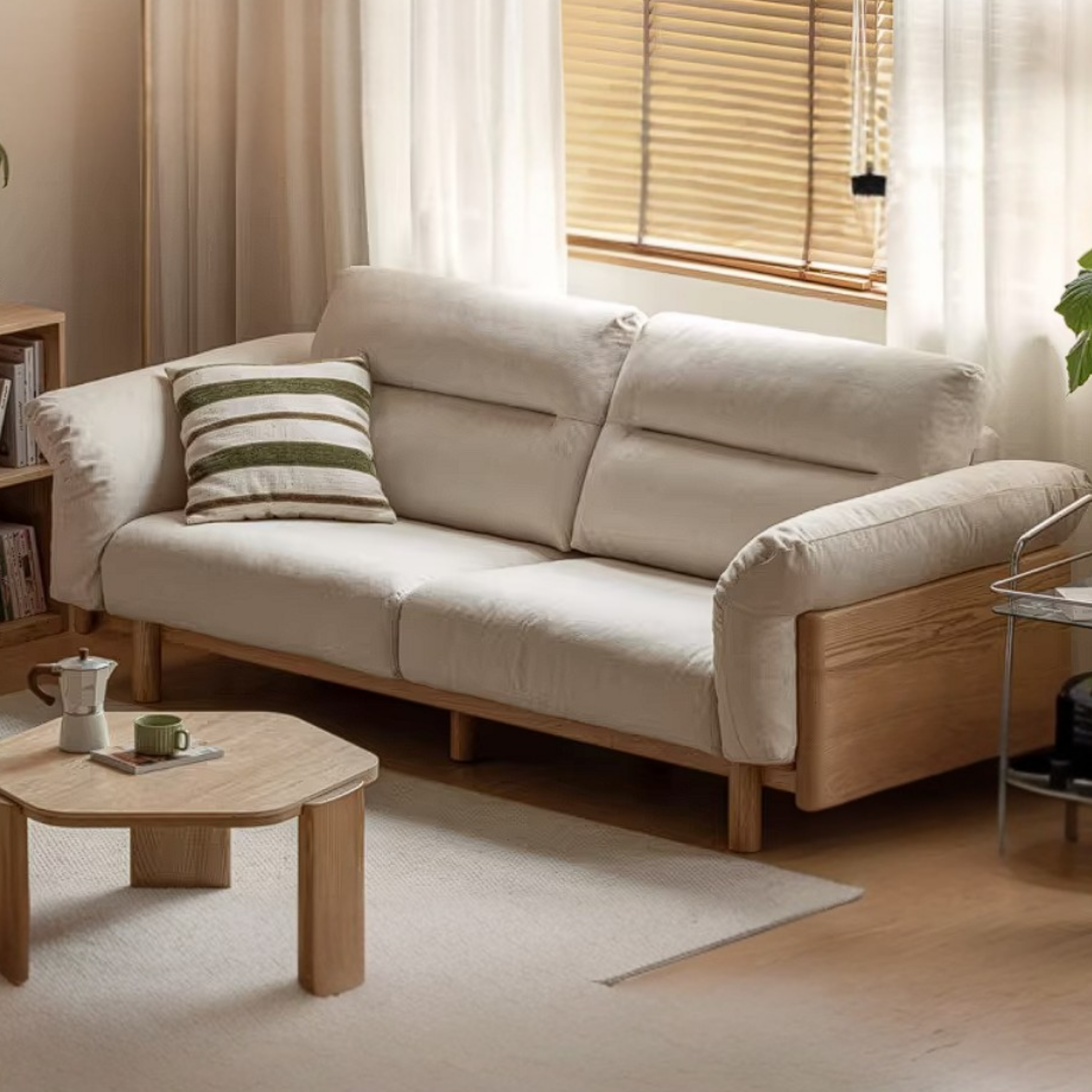 Oak Solid Wood Sofa with Wide Track Arms Genuine leather, fabric, removable and washable