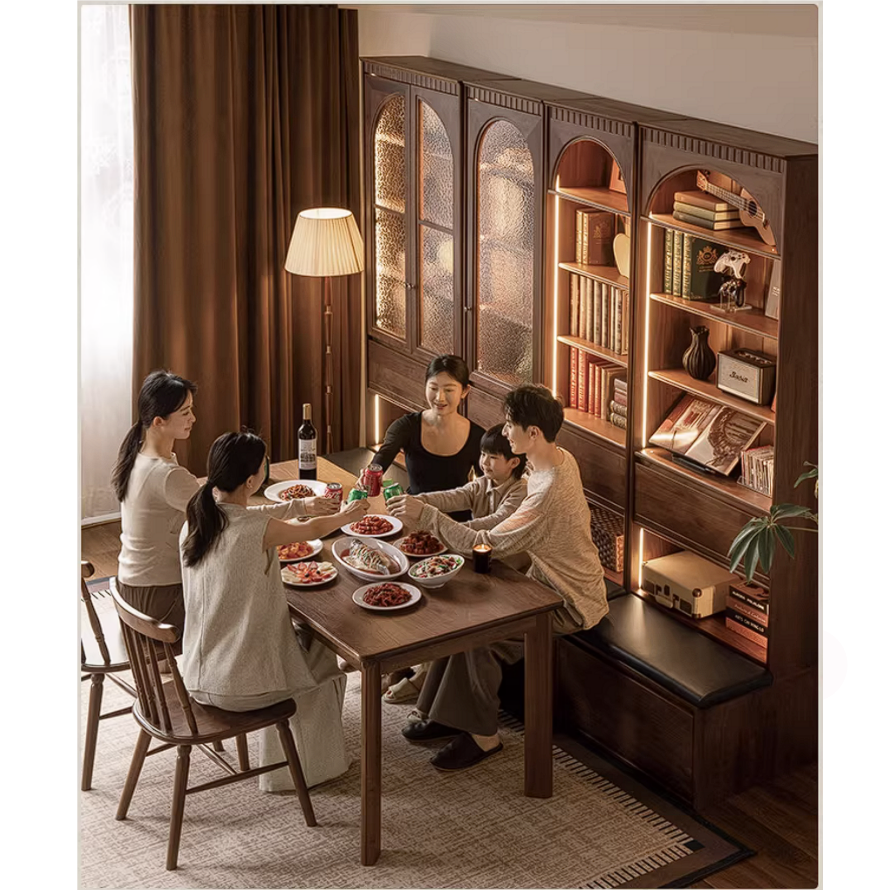 Black Walnut Solid Wood Bookcase with Booth Seating and Display Cabinet