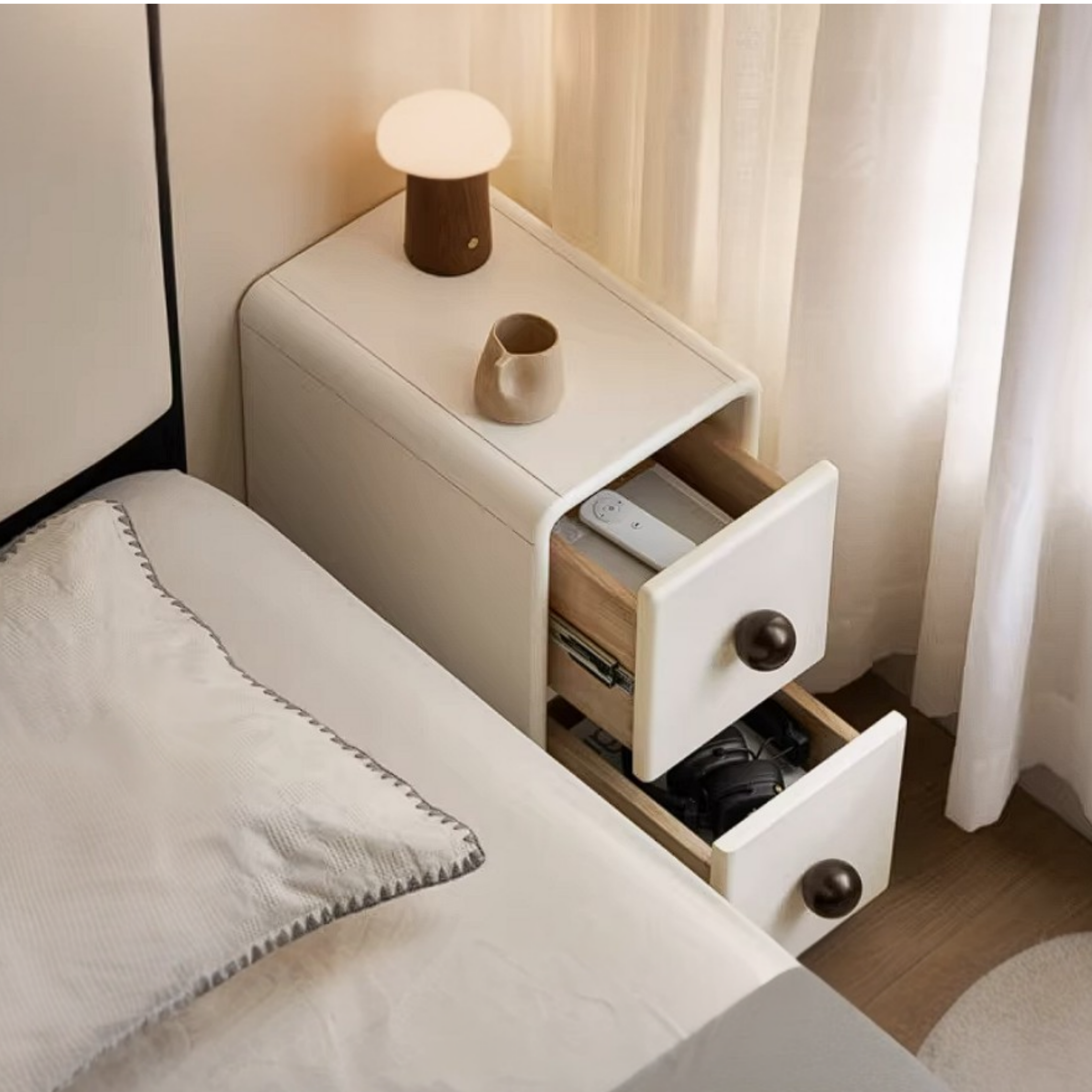 Rubberwood Solid Wood Slim Cream White Nightstand with Rounded Corners and Two Drawers