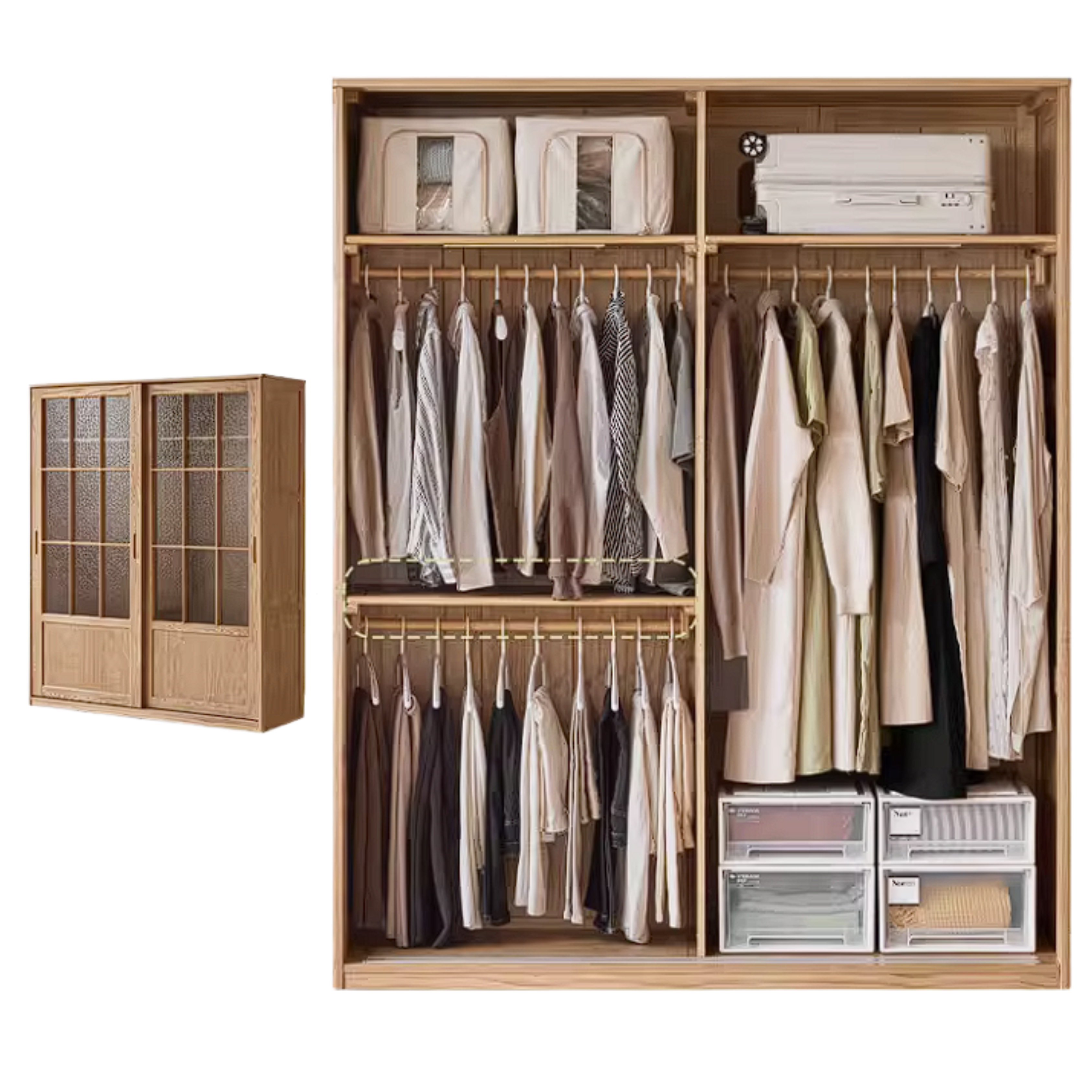 Oak Solid Wood Wardrobe Cabinet with Minimalist Songshi Storage
