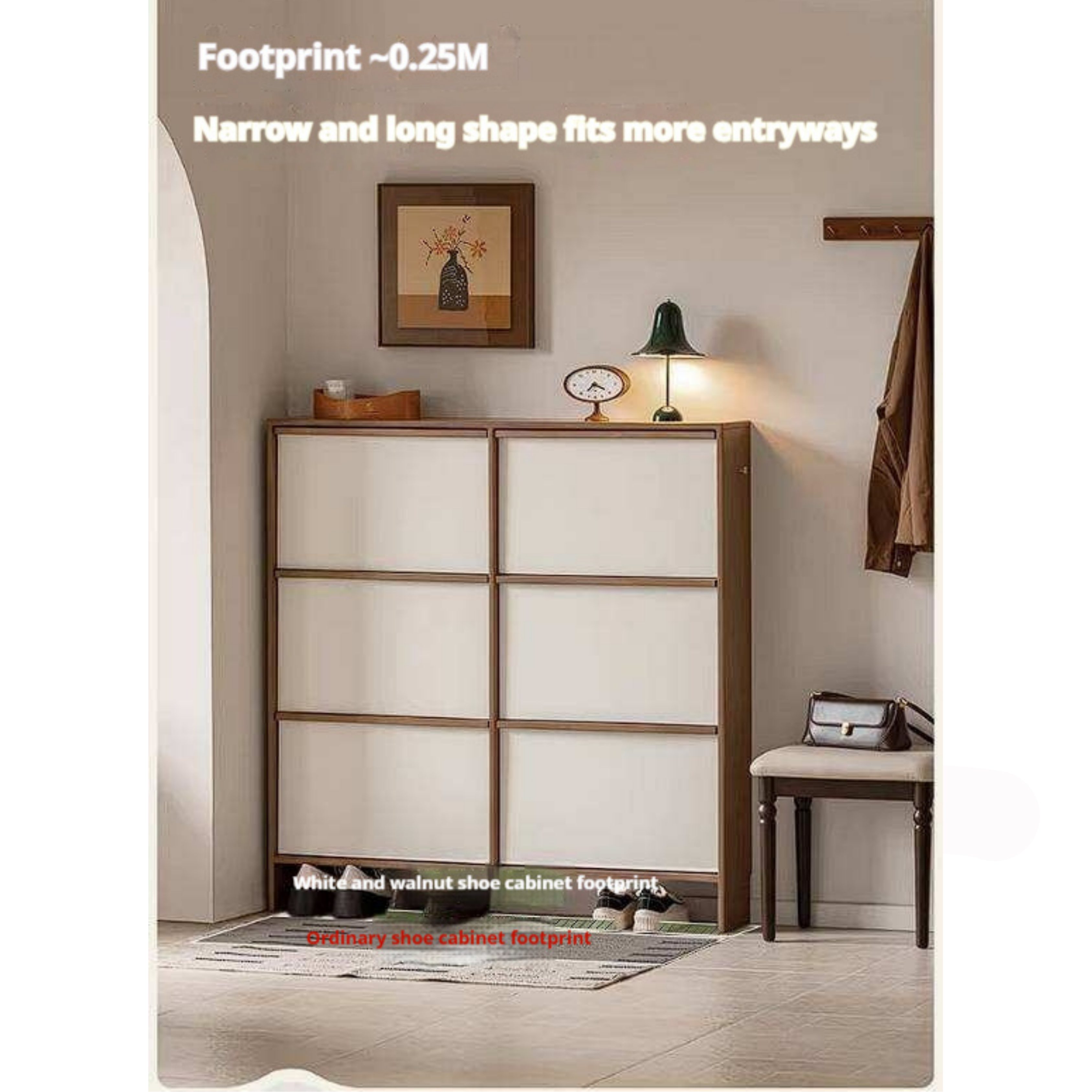 Rubberwood Solid Wood Flip Door Shoe Cabinet, Mid Century Slim Wall Mounted Entryway Storage Organizer