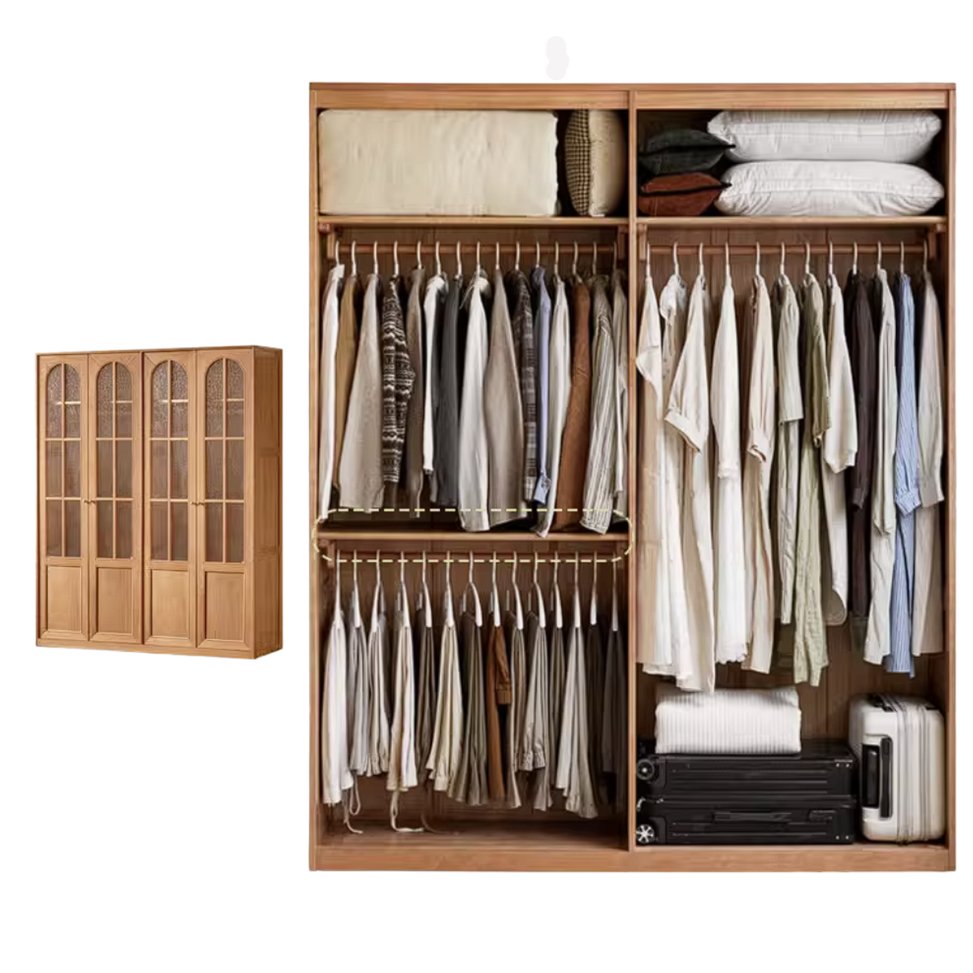 Cherry Solid Wood Wardrobe with French Retro Style Double Door Design
